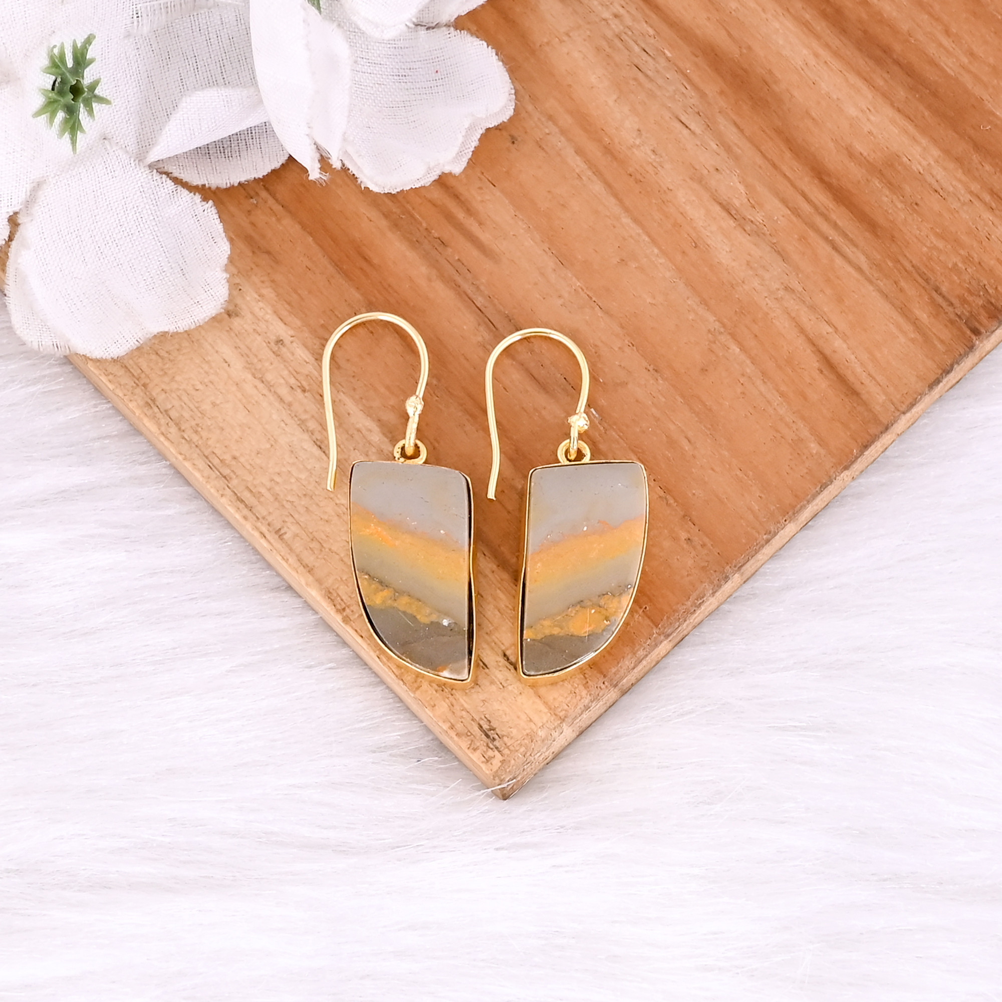 Bumble Bee Jasper Gemstone Yellow Gold Plated Brass Dangle Earring Wedding Anniversary Gift