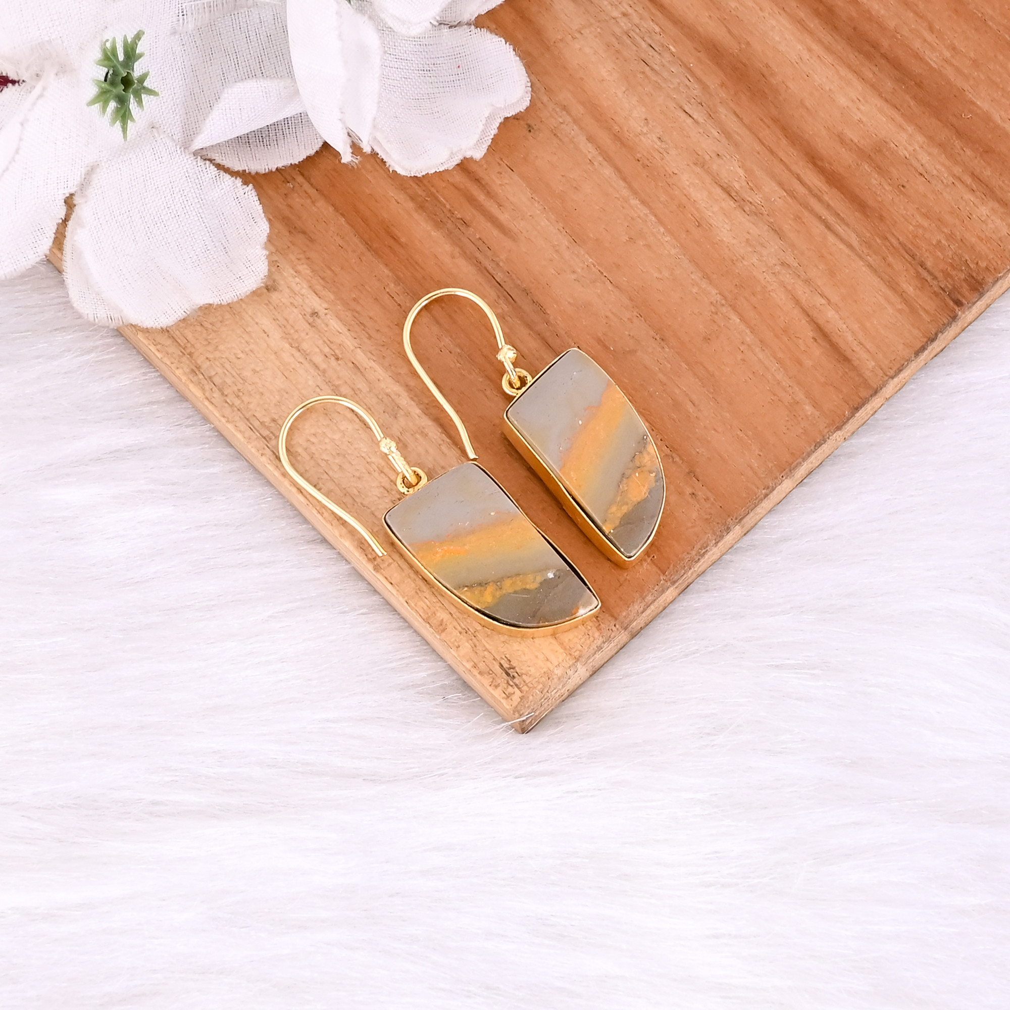 Bumble Bee Jasper Gemstone Yellow Gold Plated Brass Dangle Earring Wedding Anniversary Gift