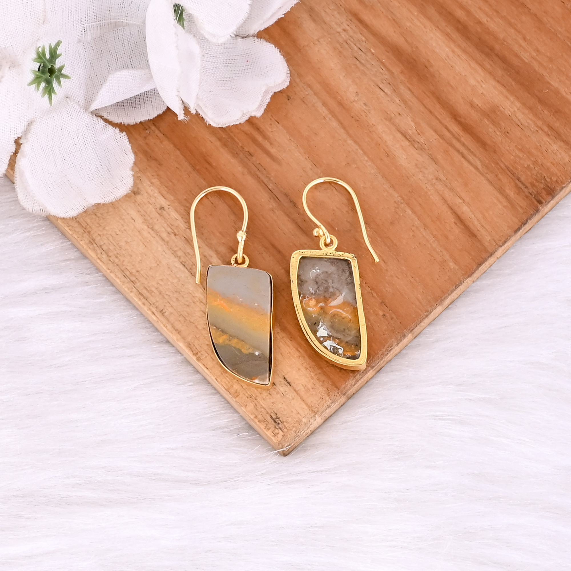 Bumble Bee Jasper Gemstone Yellow Gold Plated Brass Dangle Earring Wedding Anniversary Gift
