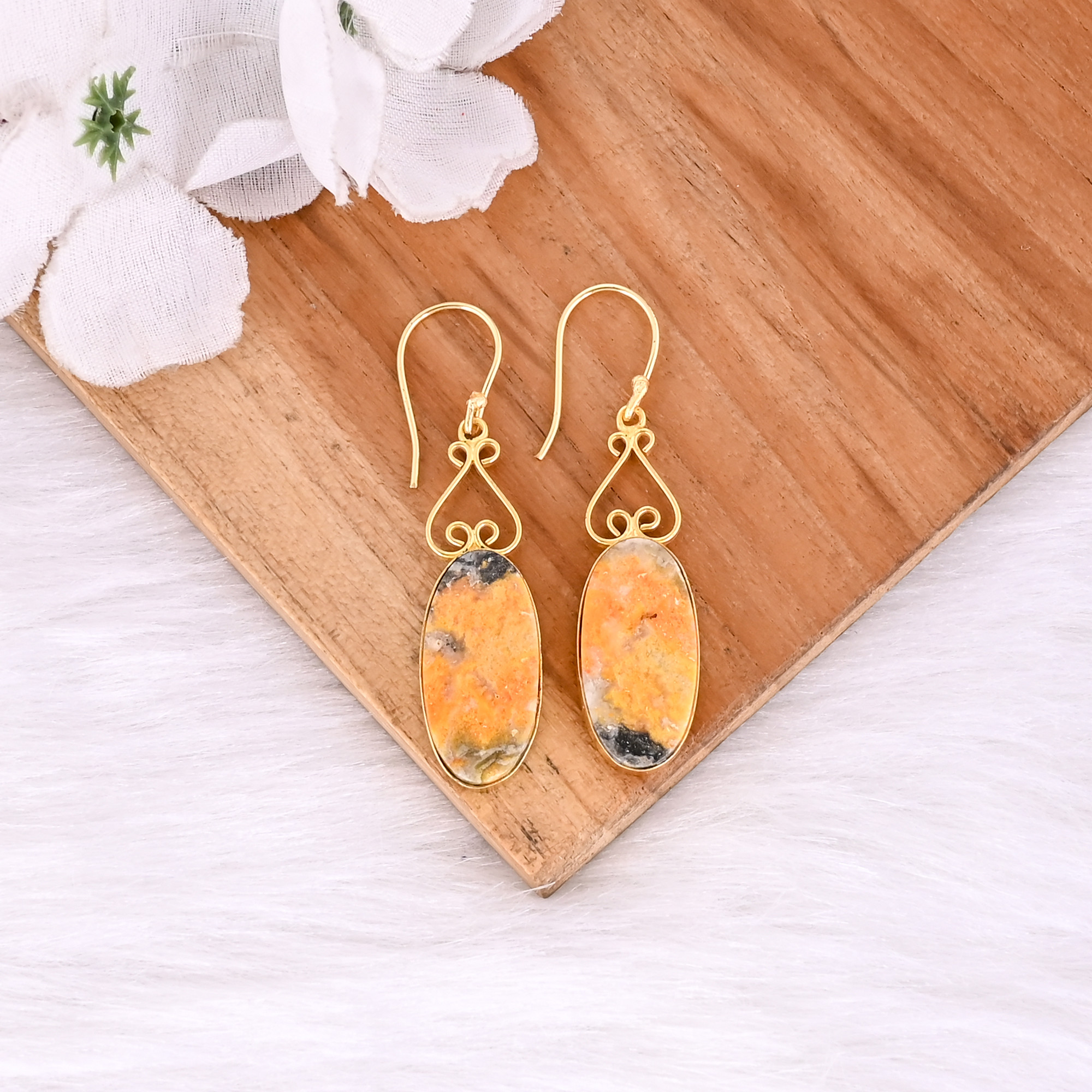 Yellow Gold Plated Brass Bumble Bee Jasper Oval Shape Gemstone Brass Earring Wedding Gift