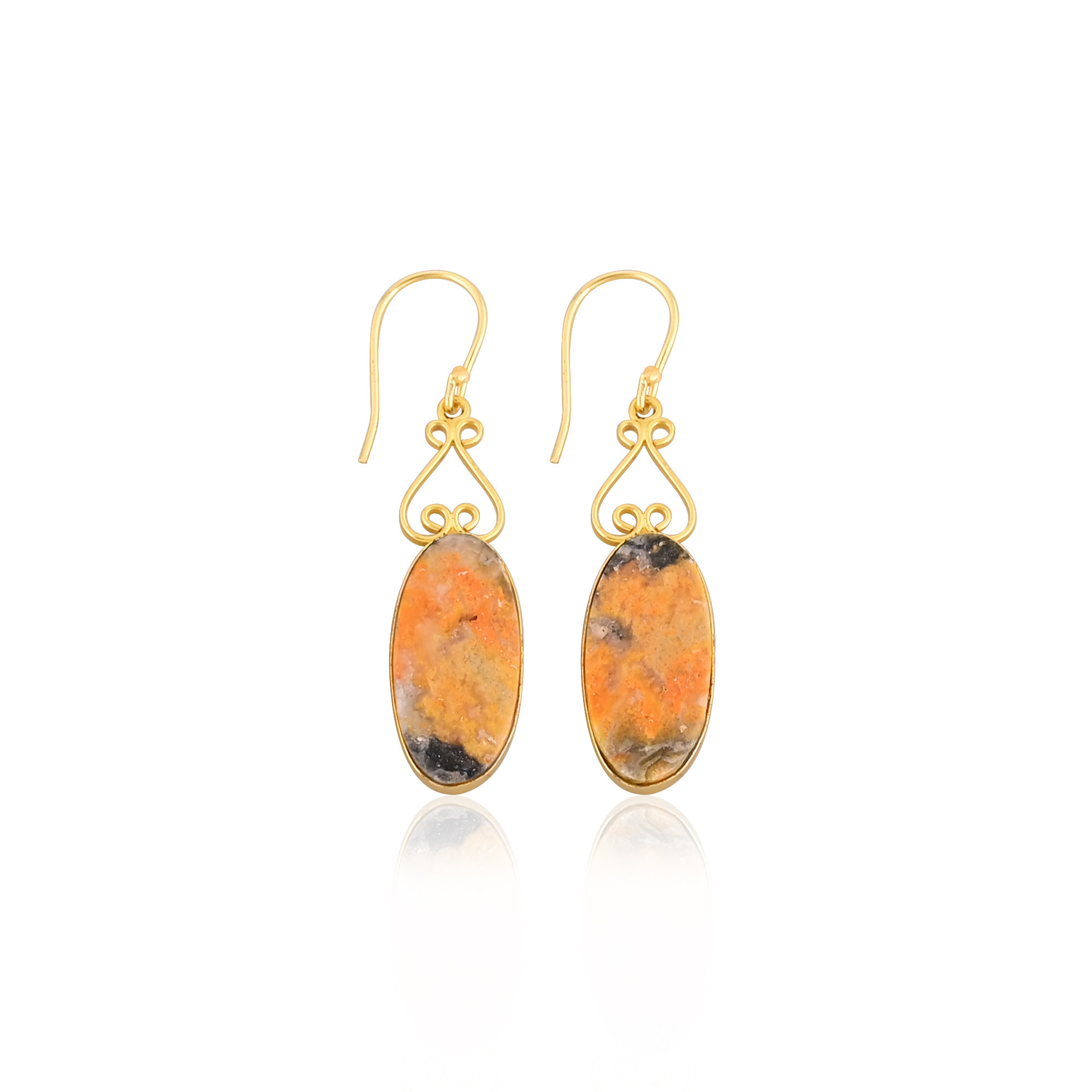 Yellow Gold Plated Brass Bumble Bee Jasper Oval Shape Gemstone Brass Earring Wedding Gift