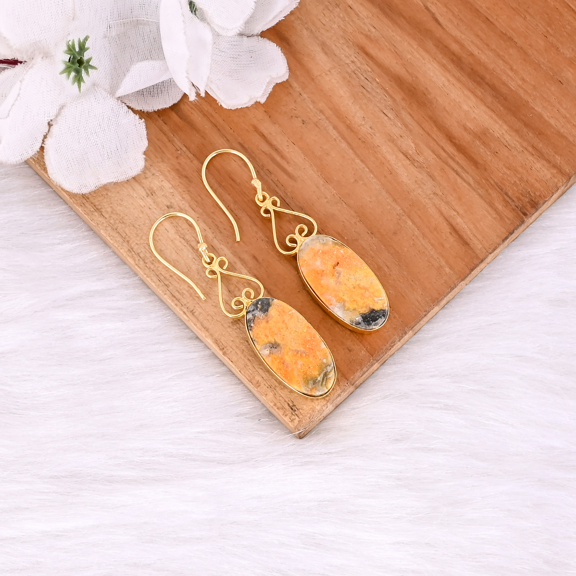 Yellow Gold Plated Brass Bumble Bee Jasper Oval Shape Gemstone Brass Earring Wedding Gift