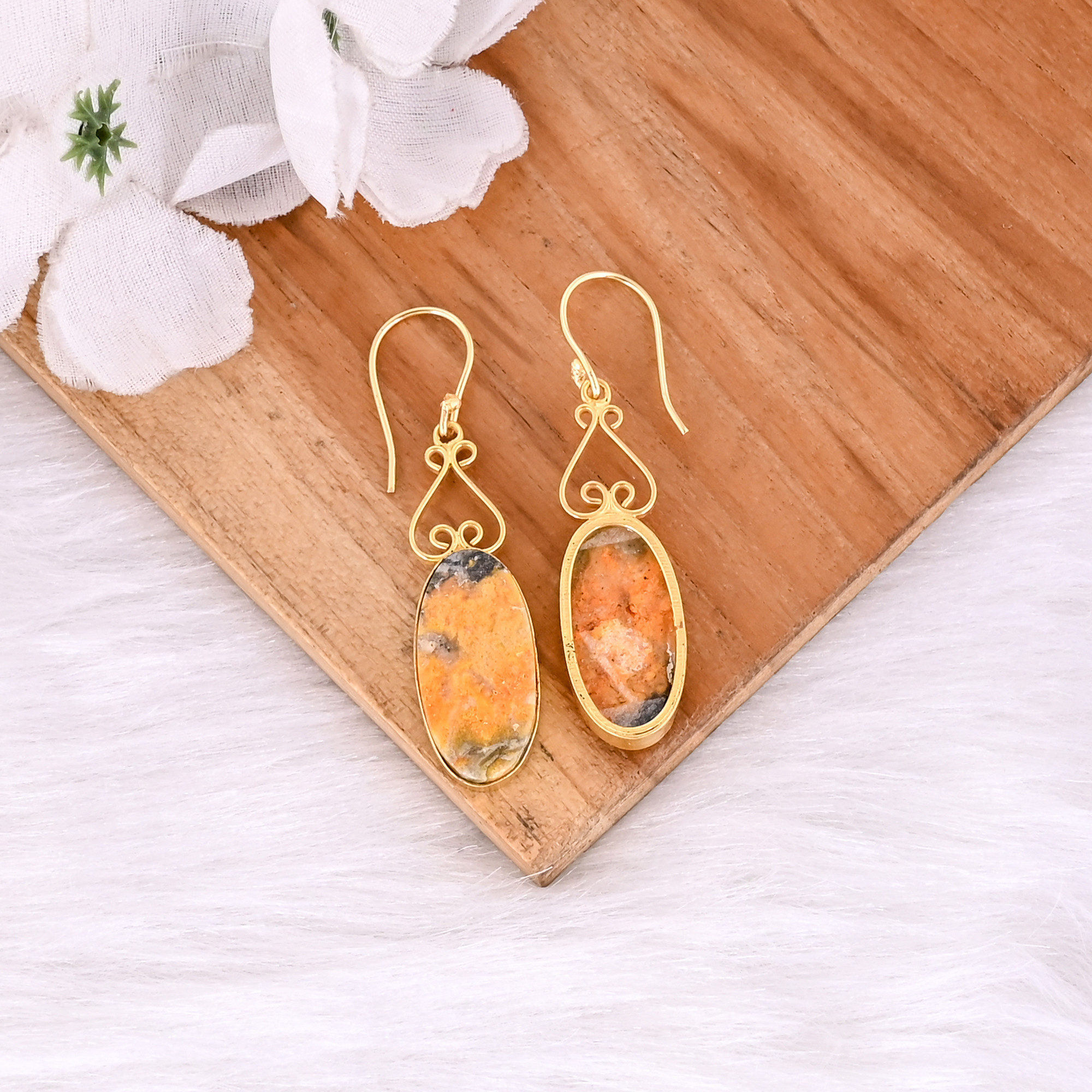 Yellow Gold Plated Brass Bumble Bee Jasper Oval Shape Gemstone Brass Earring Wedding Gift