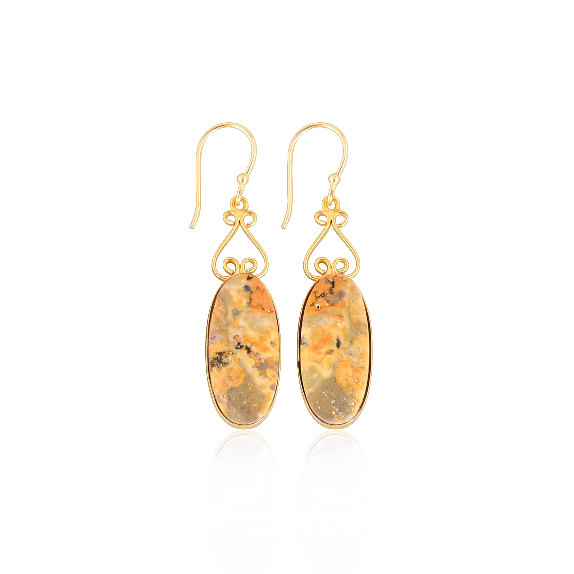 Bumble Bee Jasper Oval Shape Gemstone Yellow Gold Plated Brass Earring Gold Plated Brass Jewelry
