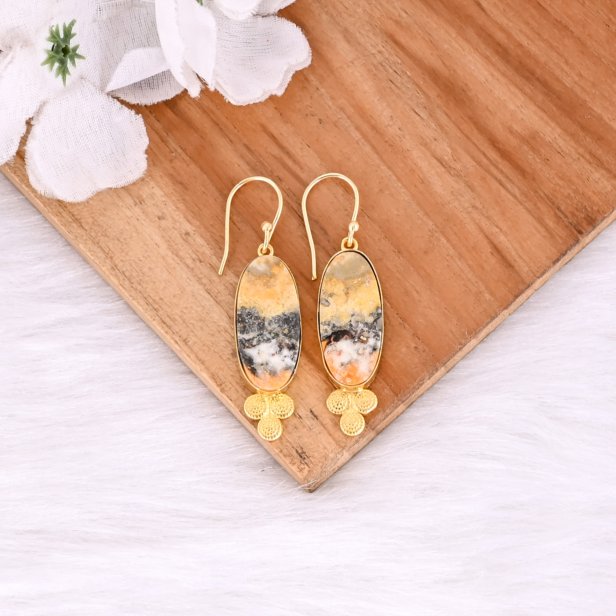 Bumble Bee Jasper Oval Gemstone Yellow Gold Plated Brass Dangle Earring Women Jewelry Bohemian Earrings