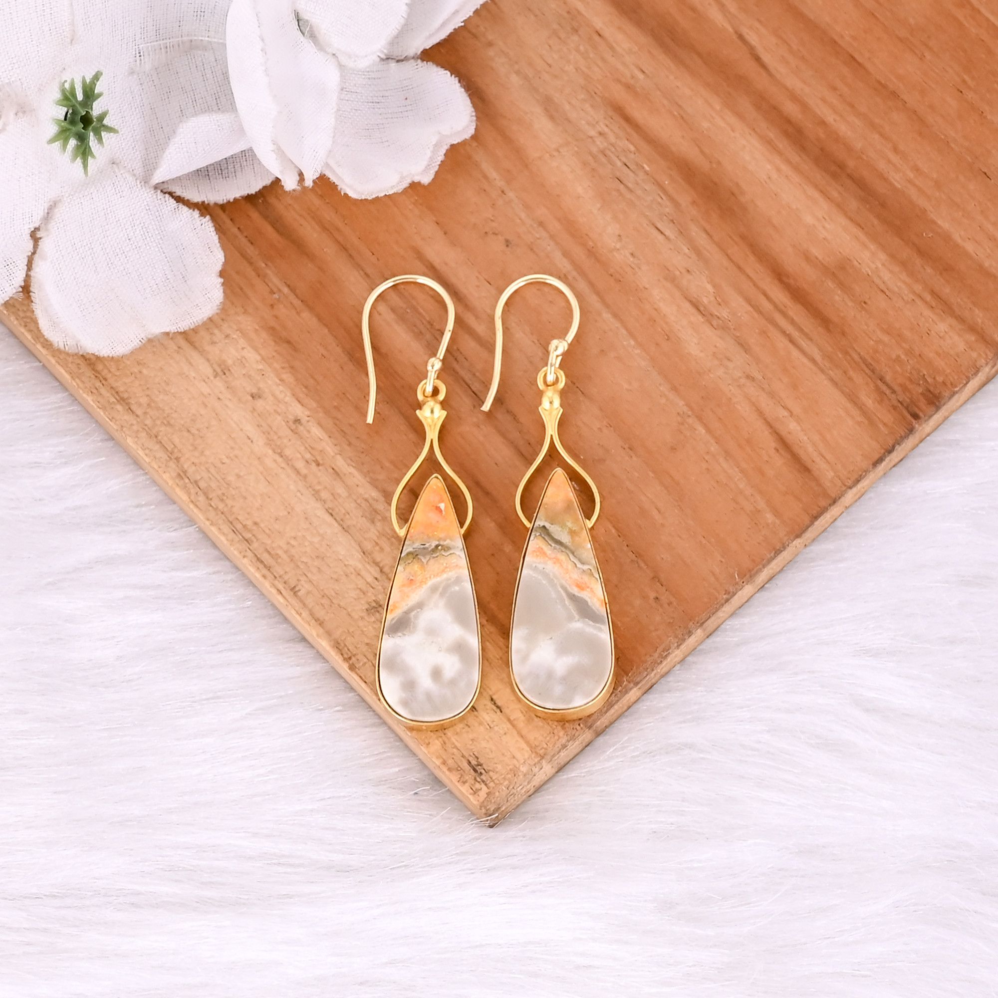 Bumble Bee Jasper Pear Gemstone Yellow Gold Plated Brass Dangler Earring Engagement Gift