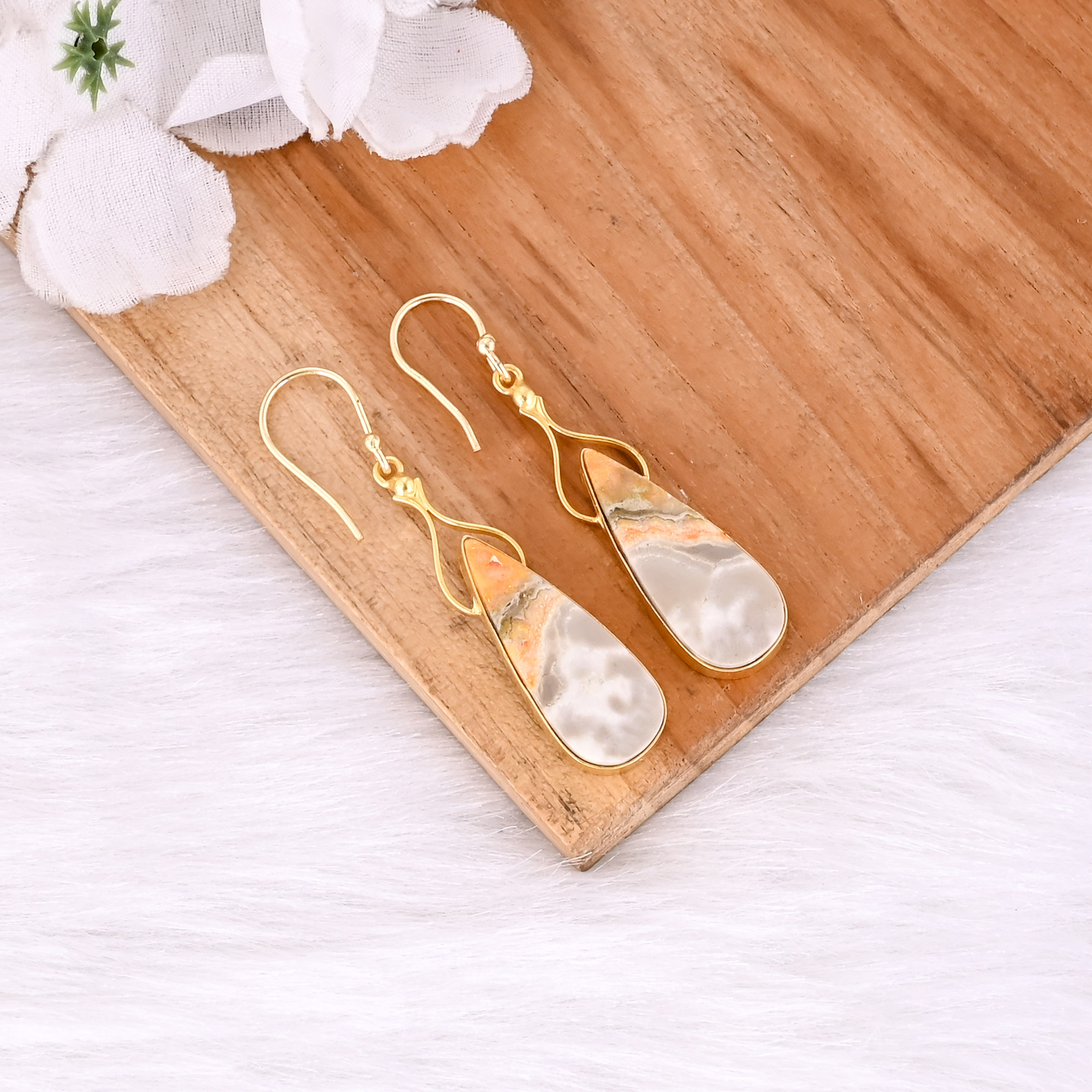 Bumble Bee Jasper Pear Gemstone Yellow Gold Plated Brass Dangler Earring Engagement Gift