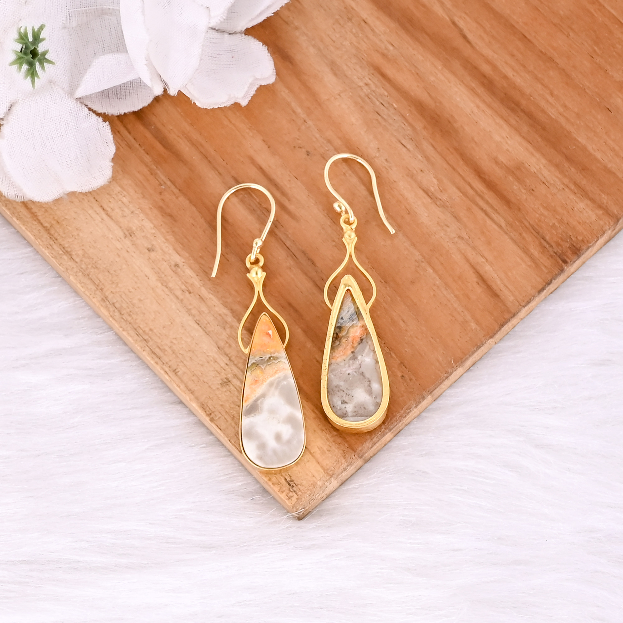 Bumble Bee Jasper Pear Gemstone Yellow Gold Plated Brass Dangler Earring Engagement Gift