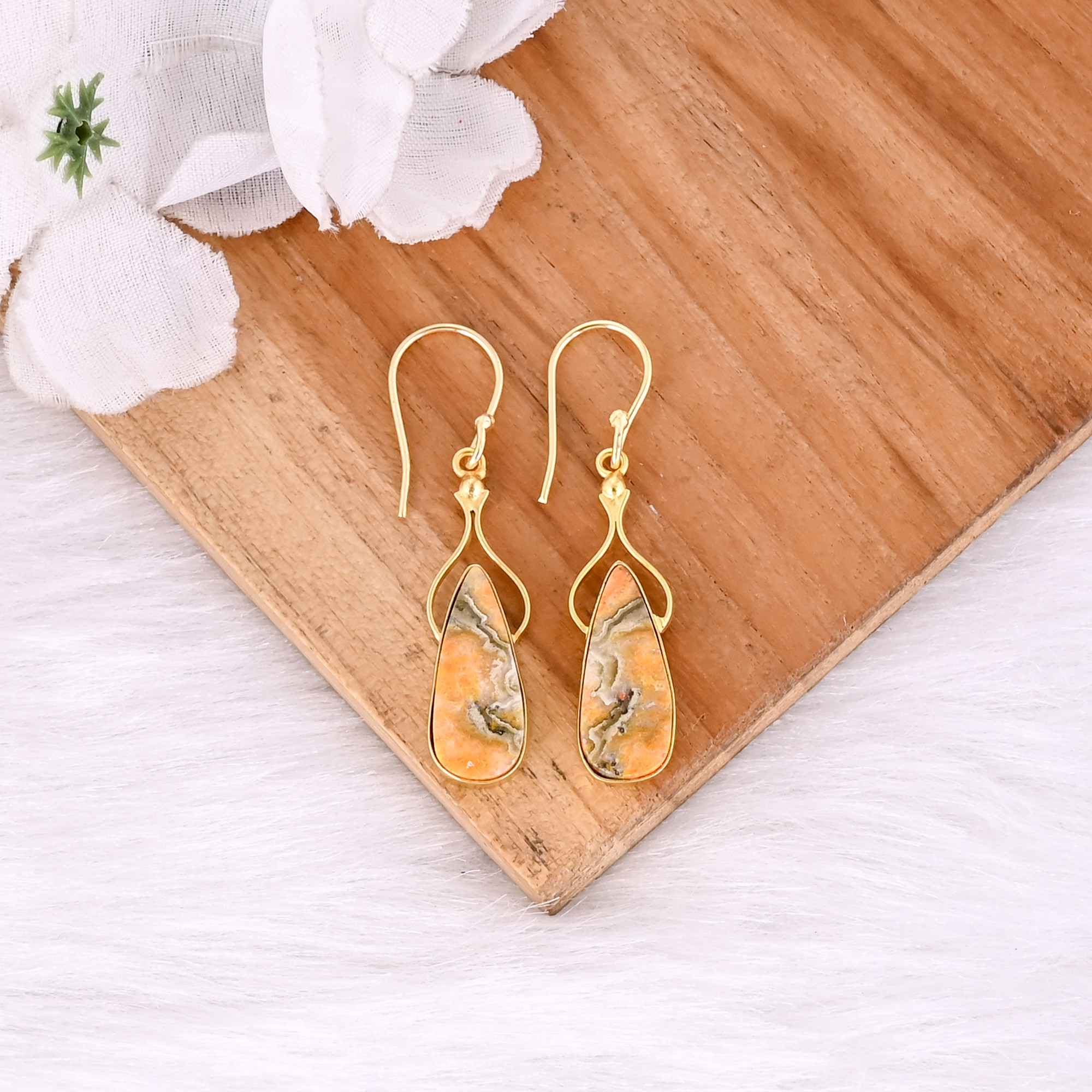 Bumble Bee Jasper Pear Shape Gemstone Yellow Gold Plated Brass Earring