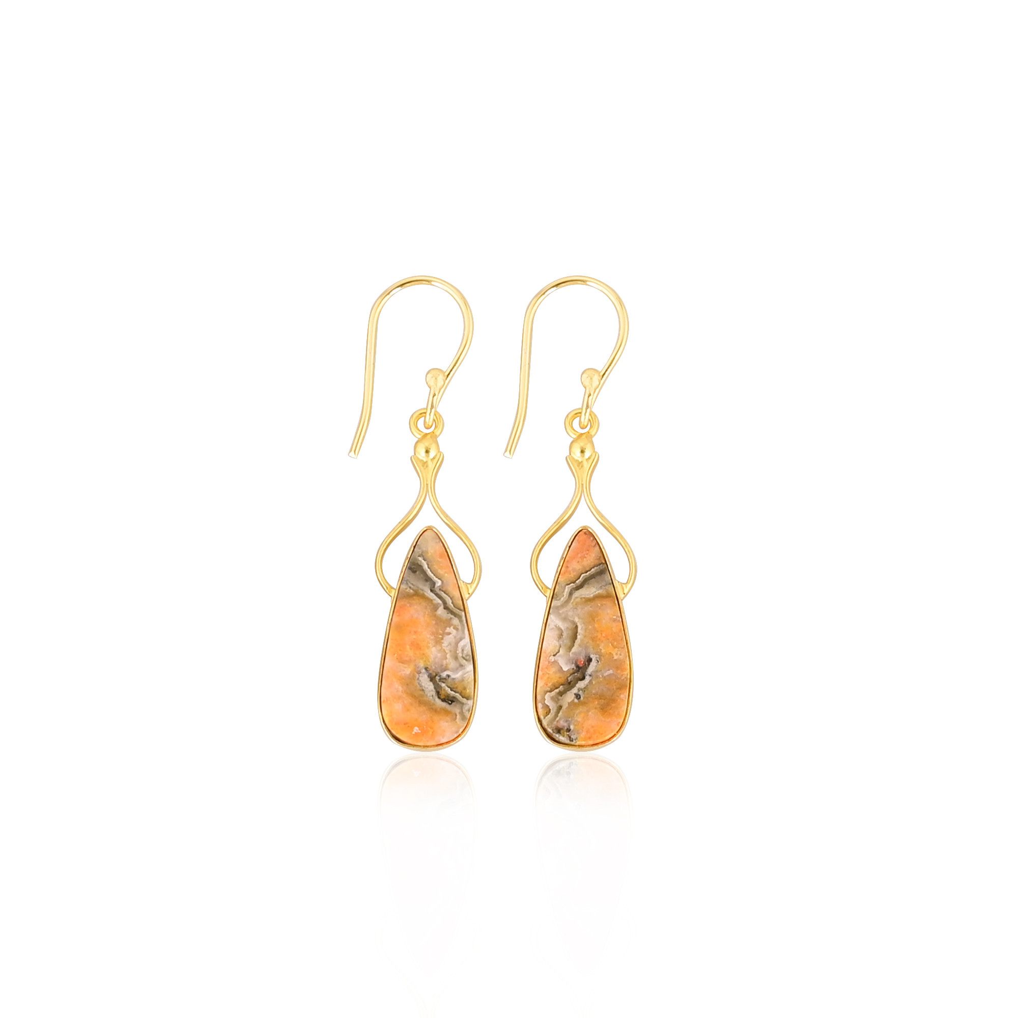 Bumble Bee Jasper Pear Shape Gemstone Yellow Gold Plated Brass Earring