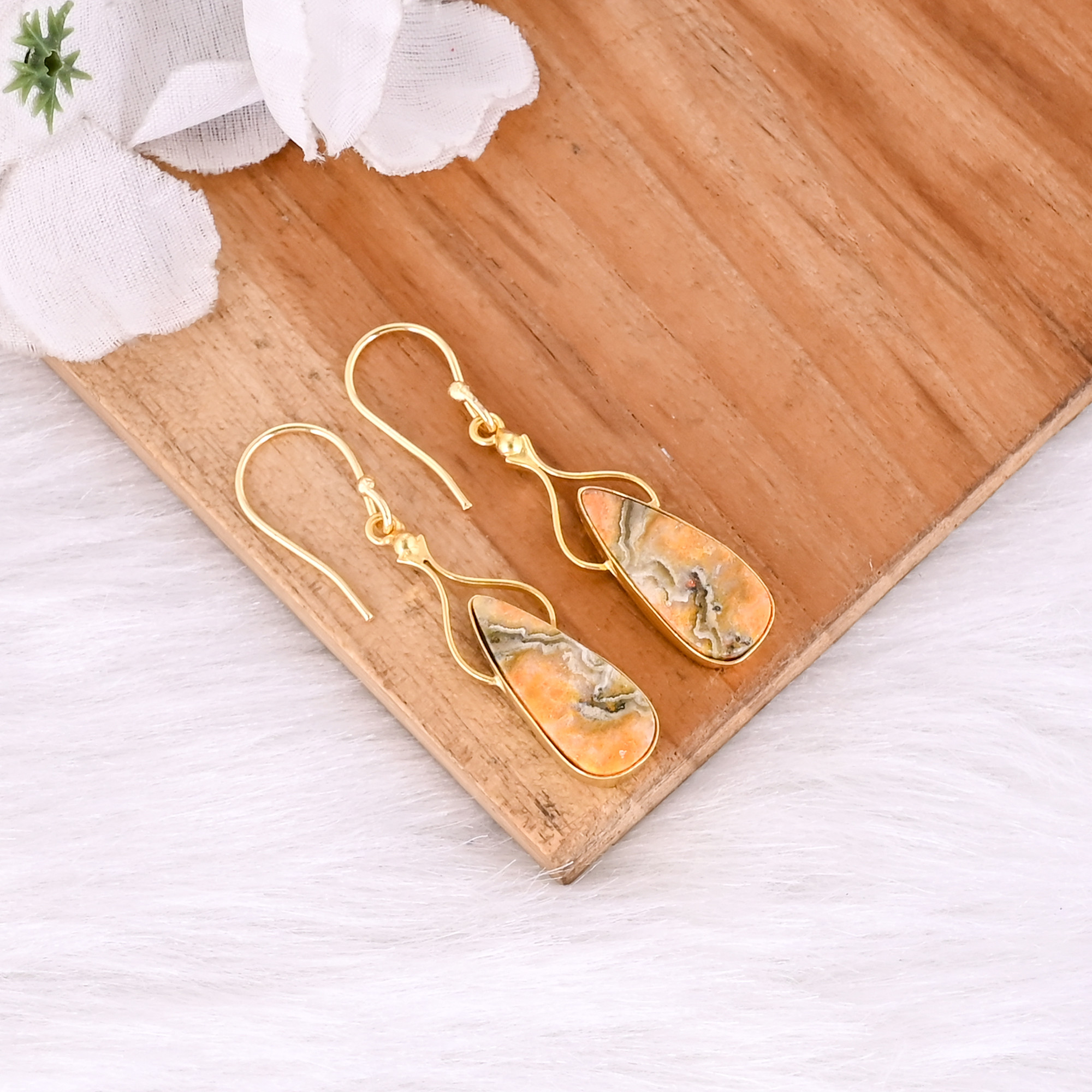 Bumble Bee Jasper Pear Shape Gemstone Yellow Gold Plated Brass Earring