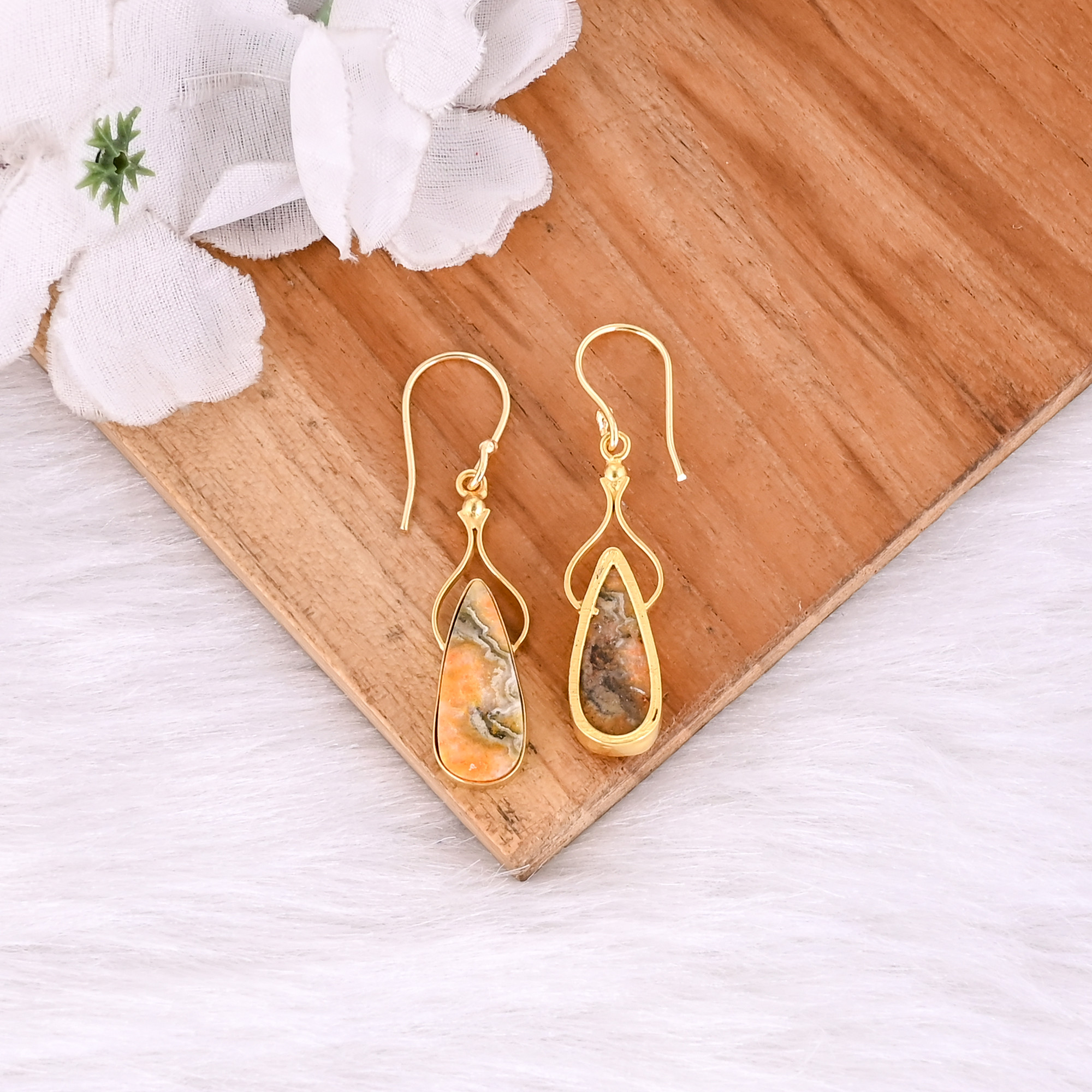 Bumble Bee Jasper Pear Shape Gemstone Yellow Gold Plated Brass Earring