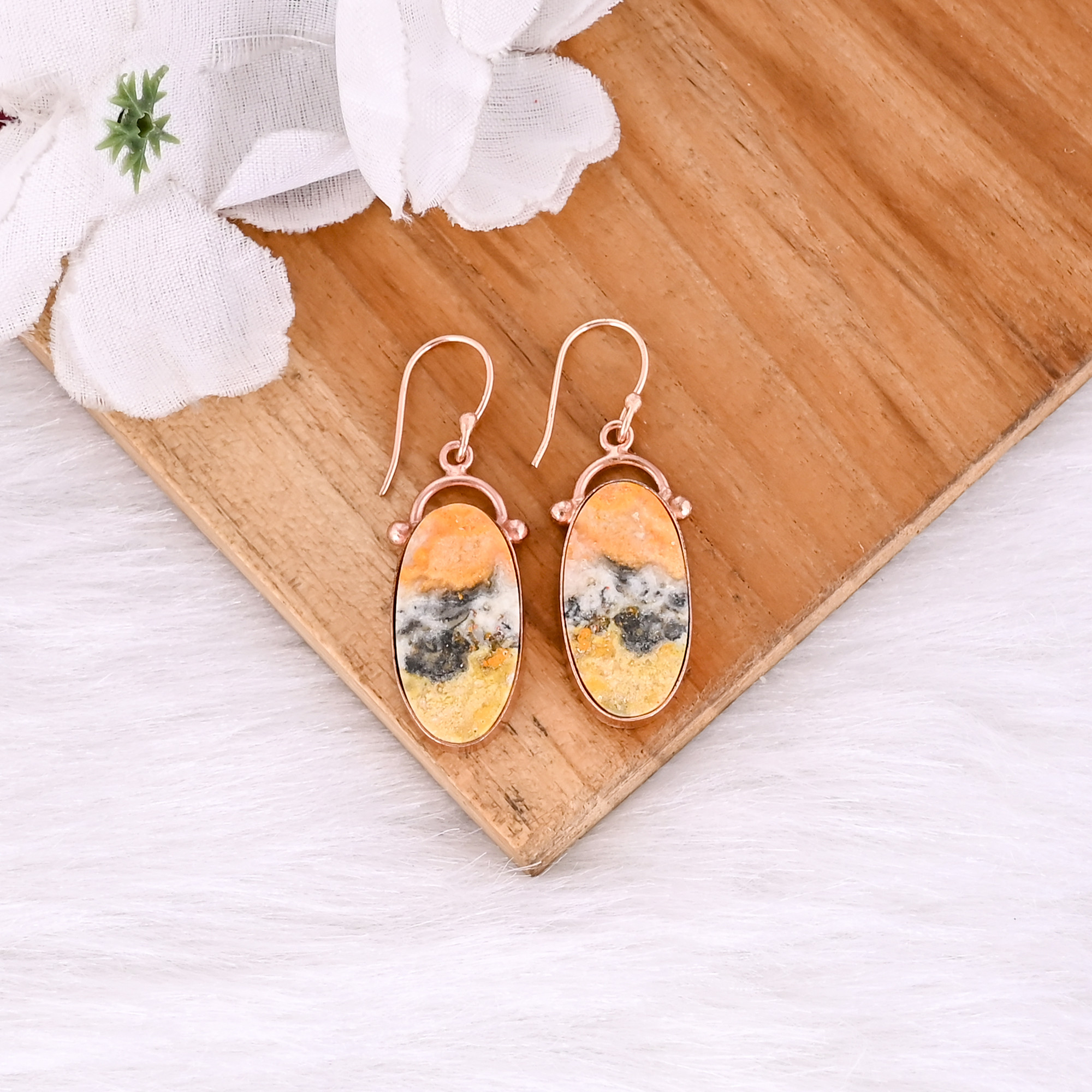 Rose Gold Plated Brass Bumble Bee Jasper Handmade Designer Earrings Christmas Gifts Jewelry