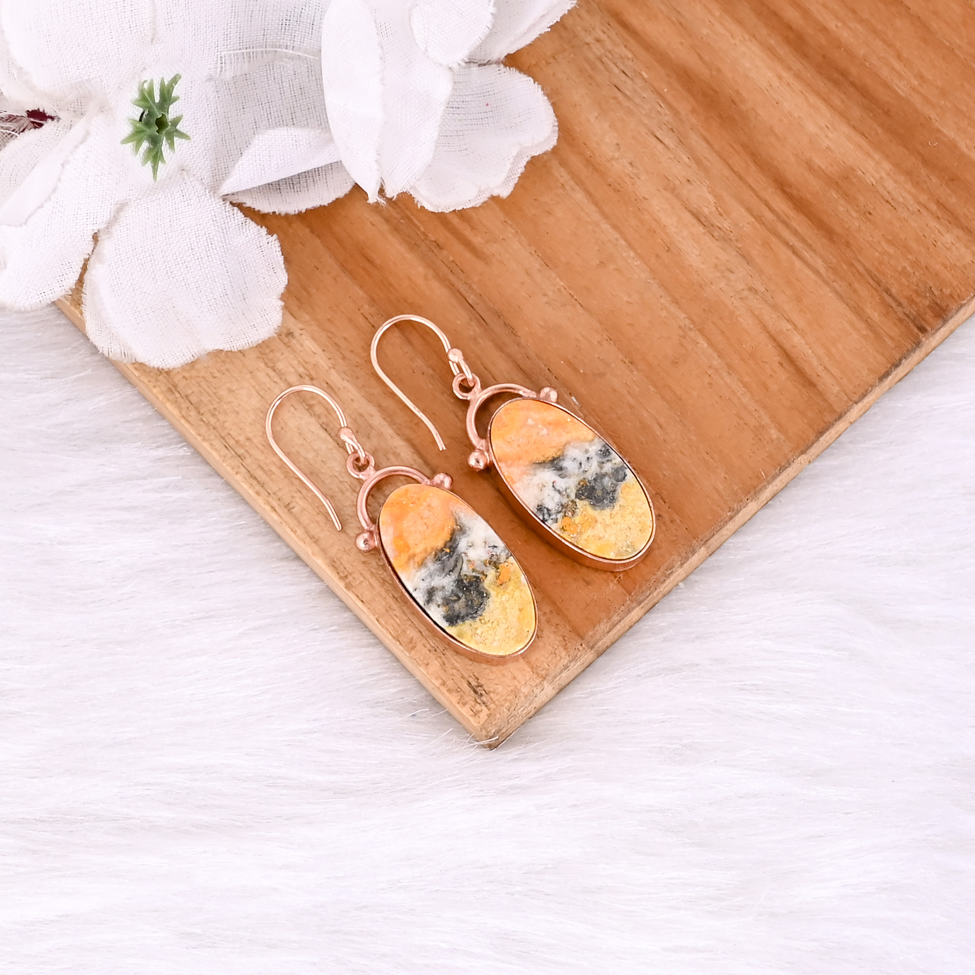Rose Gold Plated Brass Bumble Bee Jasper Handmade Designer Earrings Christmas Gifts Jewelry