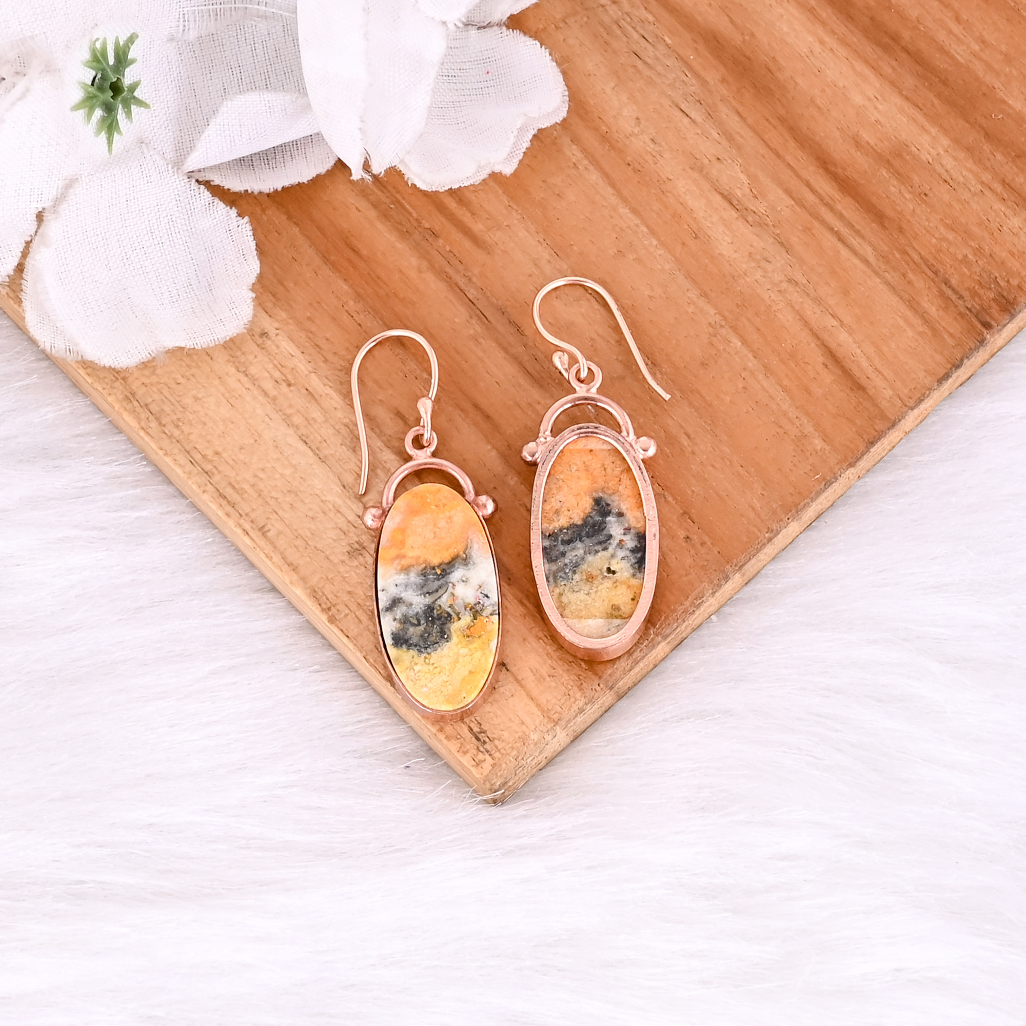 Rose Gold Plated Brass Bumble Bee Jasper Handmade Designer Earrings Christmas Gifts Jewelry