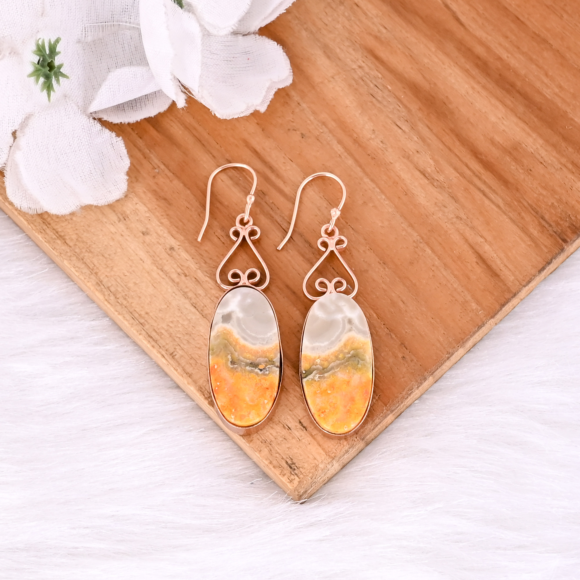 Rose Gold Plated Brass Bumble Bee Jasper Oval Shape Gemstone Handmade Brass Earring Wholesale Earring