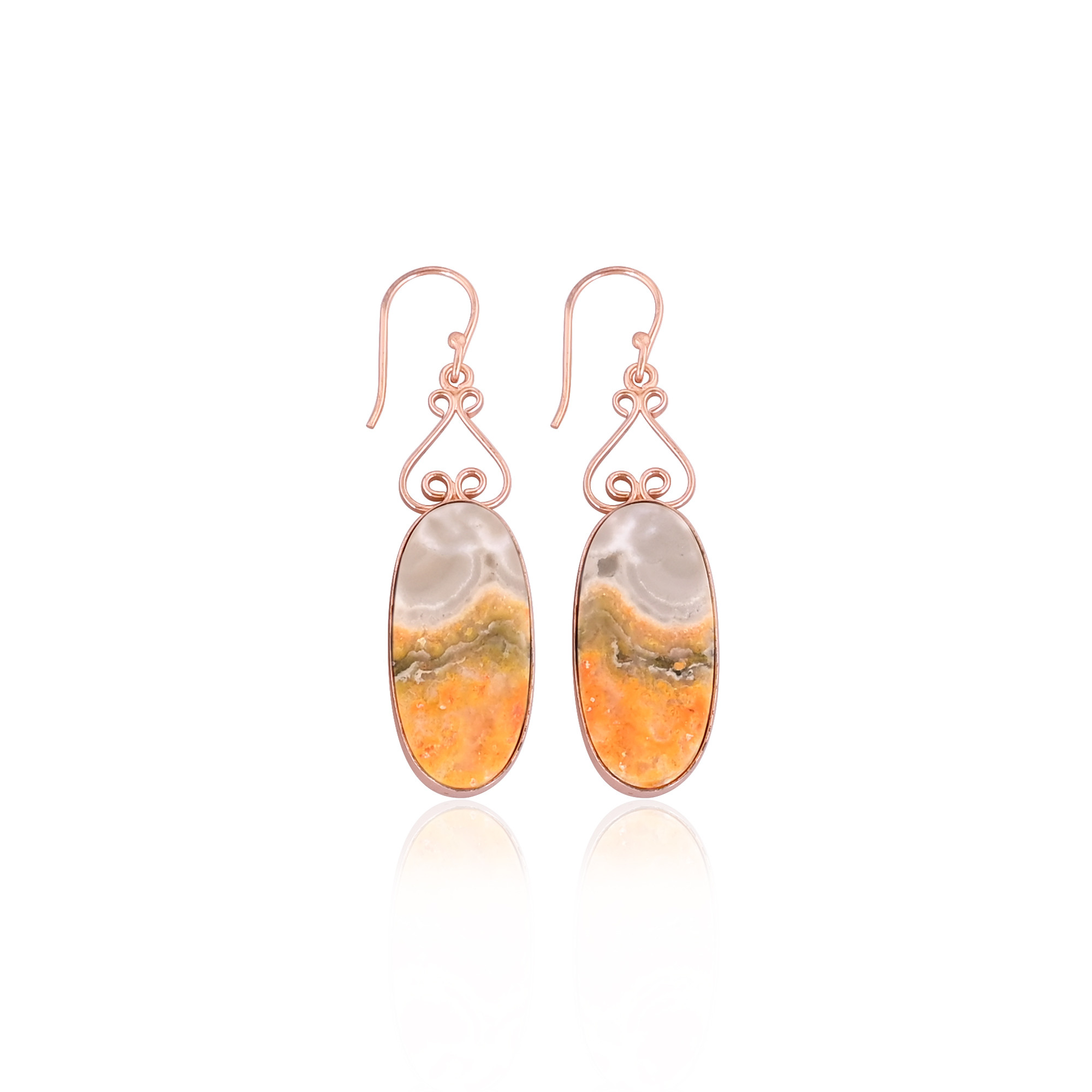 Rose Gold Plated Brass Bumble Bee Jasper Oval Shape Gemstone Handmade Brass Earring Wholesale Earring