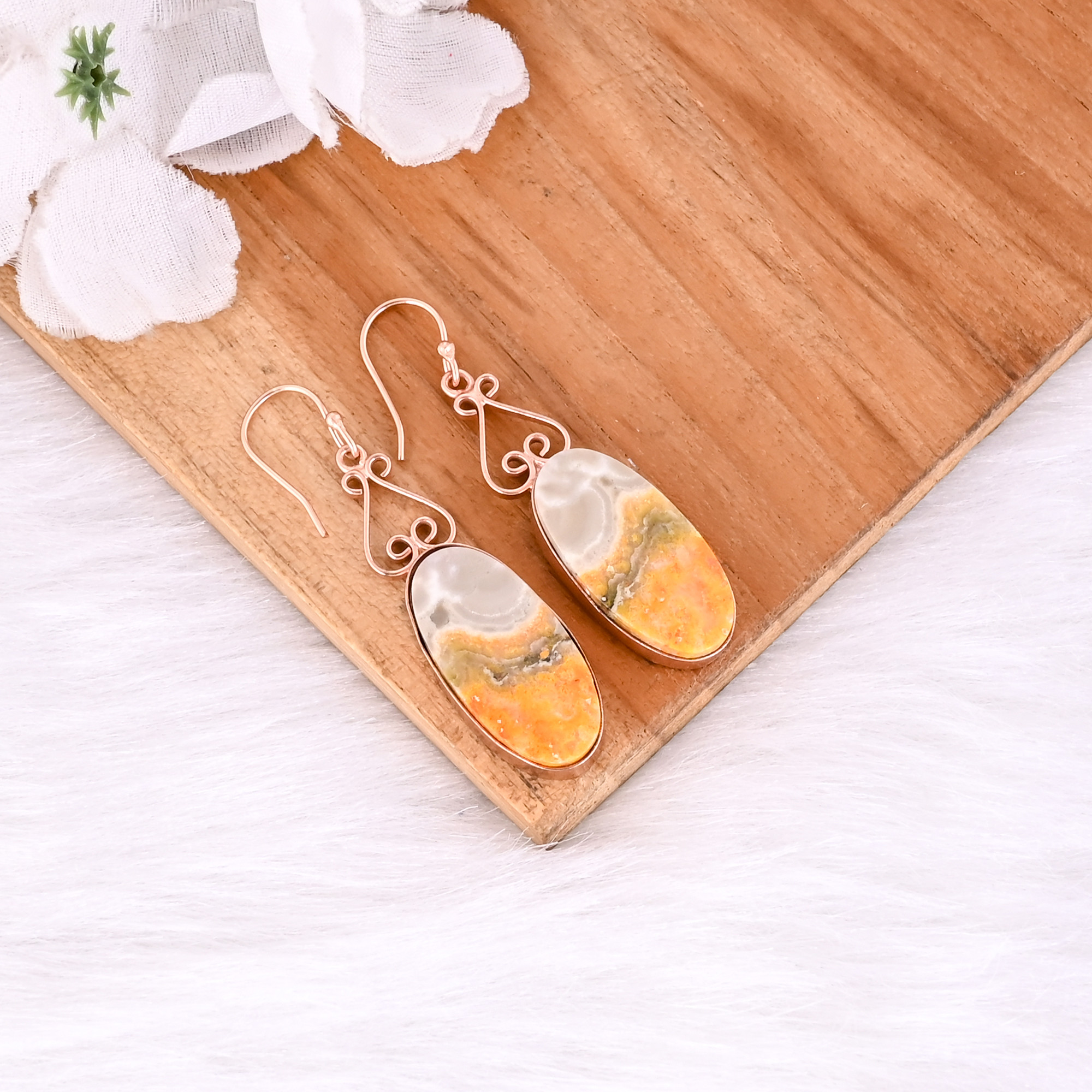 Rose Gold Plated Brass Bumble Bee Jasper Oval Shape Gemstone Handmade Brass Earring Wholesale Earring