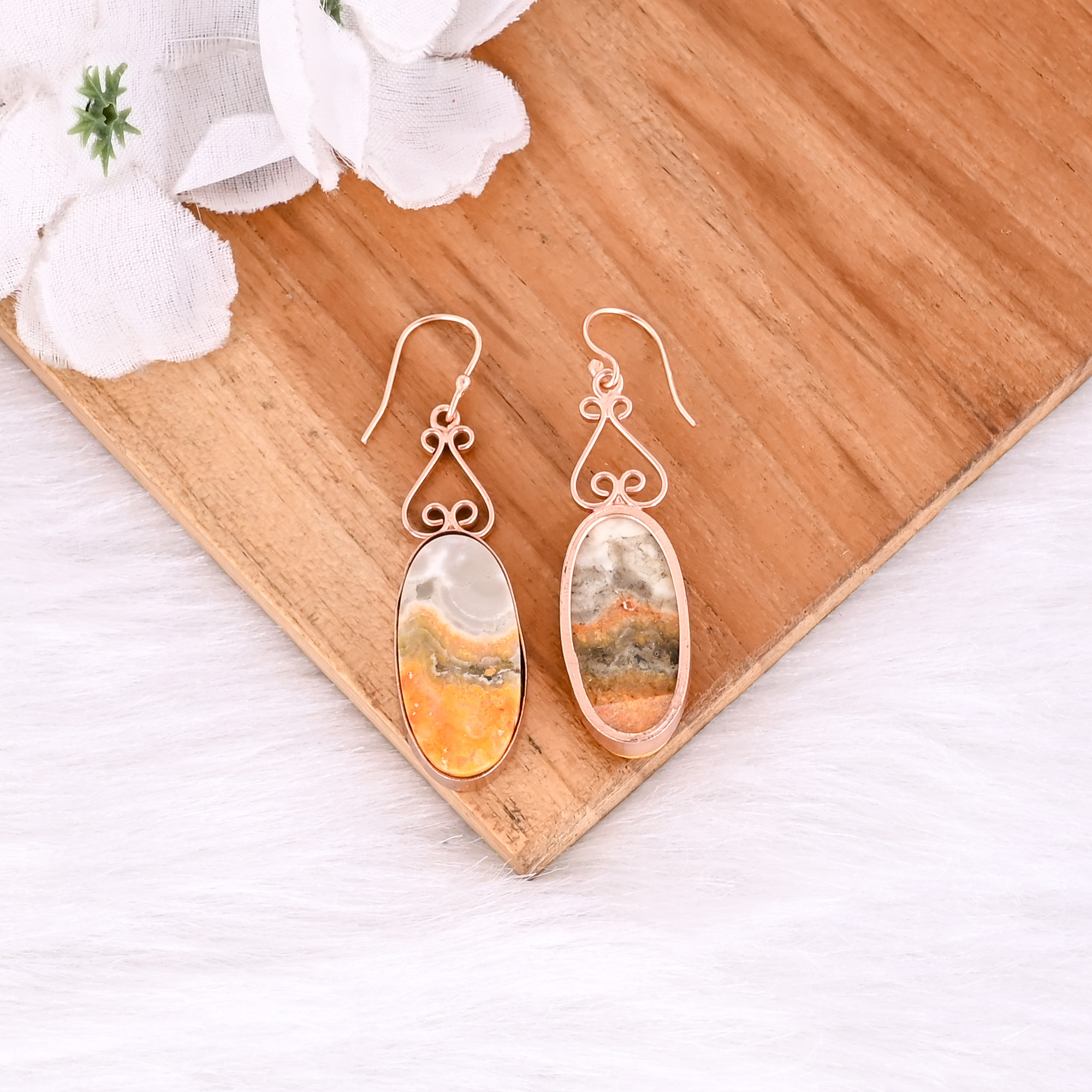 Rose Gold Plated Brass Bumble Bee Jasper Oval Shape Gemstone Handmade Brass Earring Wholesale Earring