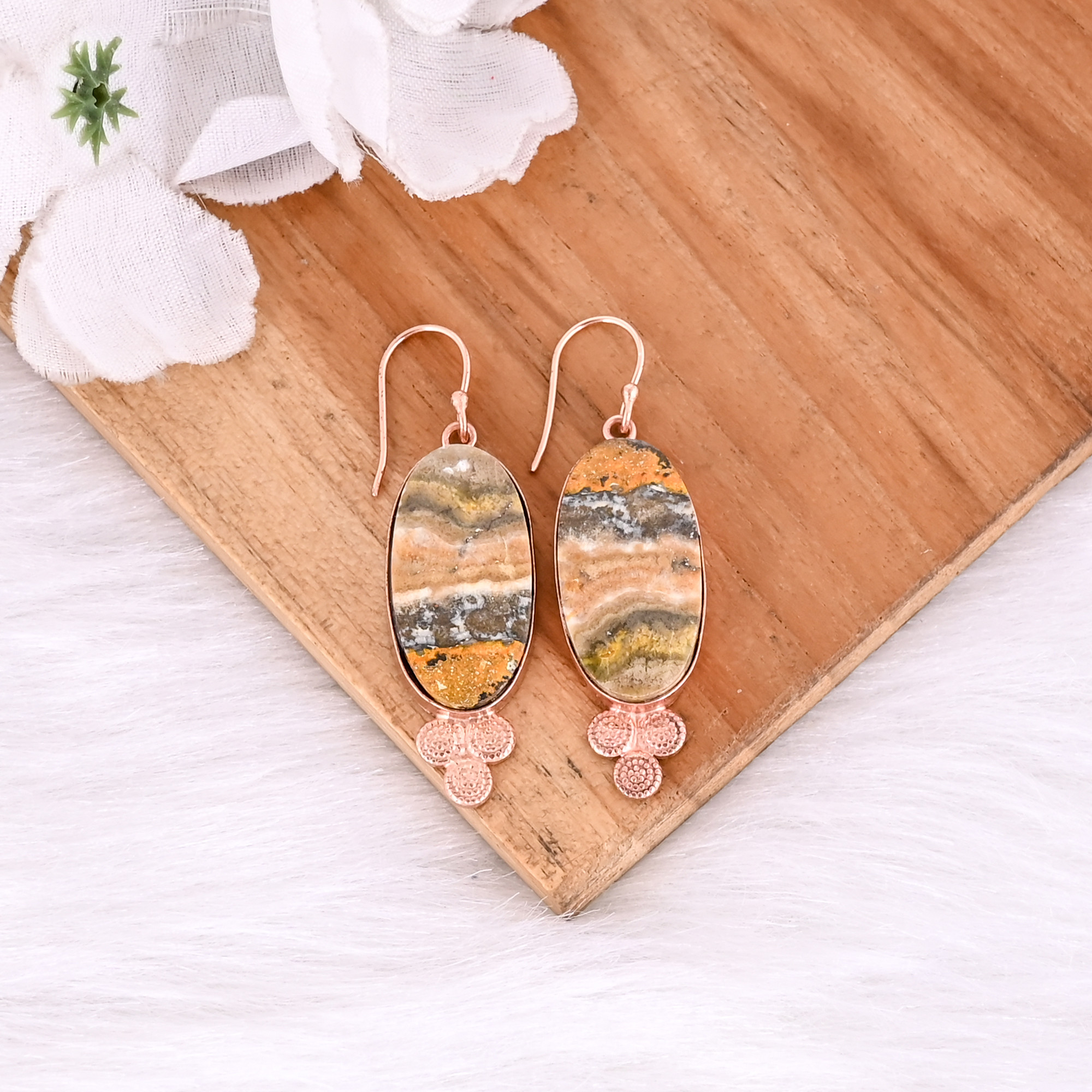 Rose Gold Plated Brass Handmade Bumble Bee Jasper Oval Shape Gemstone Brass Dangle Earring Fashionable Earring