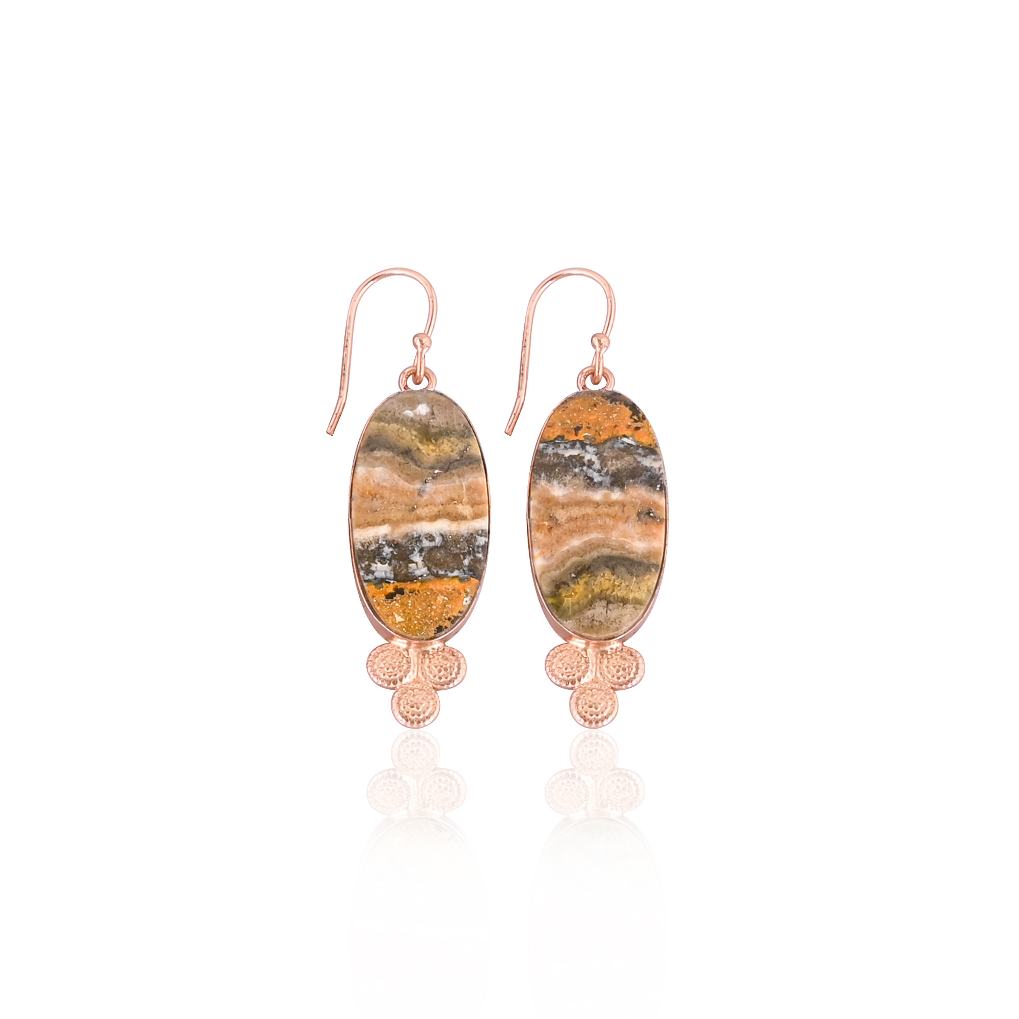 Rose Gold Plated Brass Handmade Bumble Bee Jasper Oval Shape Gemstone Brass Dangle Earring Fashionable Earring