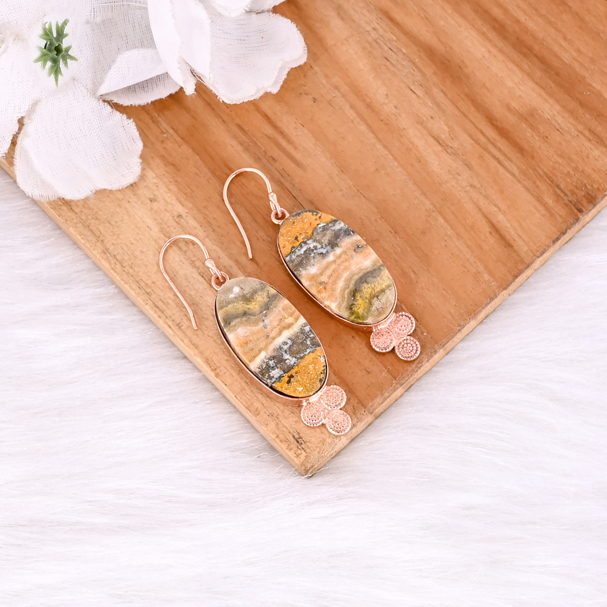 Rose Gold Plated Brass Handmade Bumble Bee Jasper Oval Shape Gemstone Brass Dangle Earring Fashionable Earring