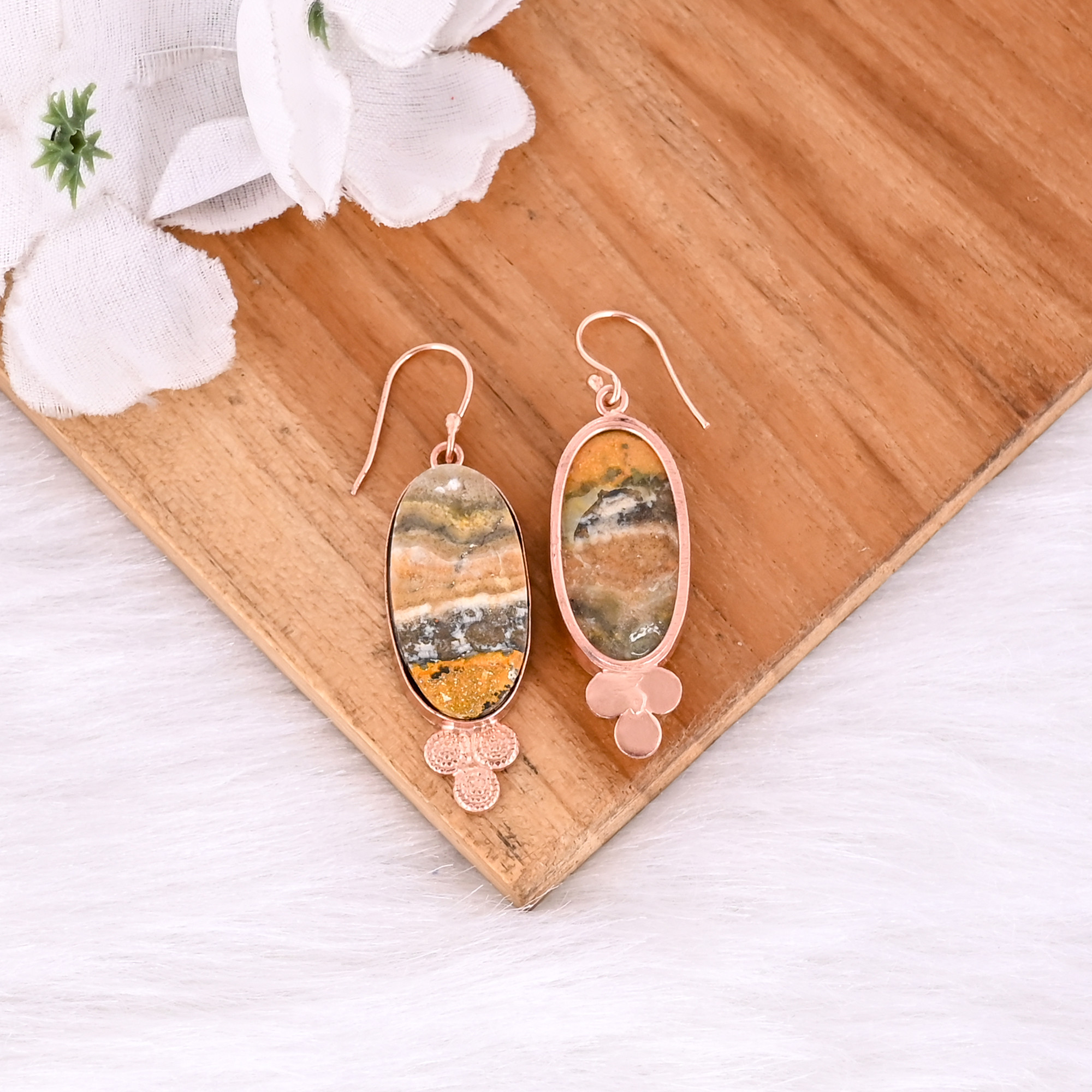 Rose Gold Plated Brass Handmade Bumble Bee Jasper Oval Shape Gemstone Brass Dangle Earring Fashionable Earring