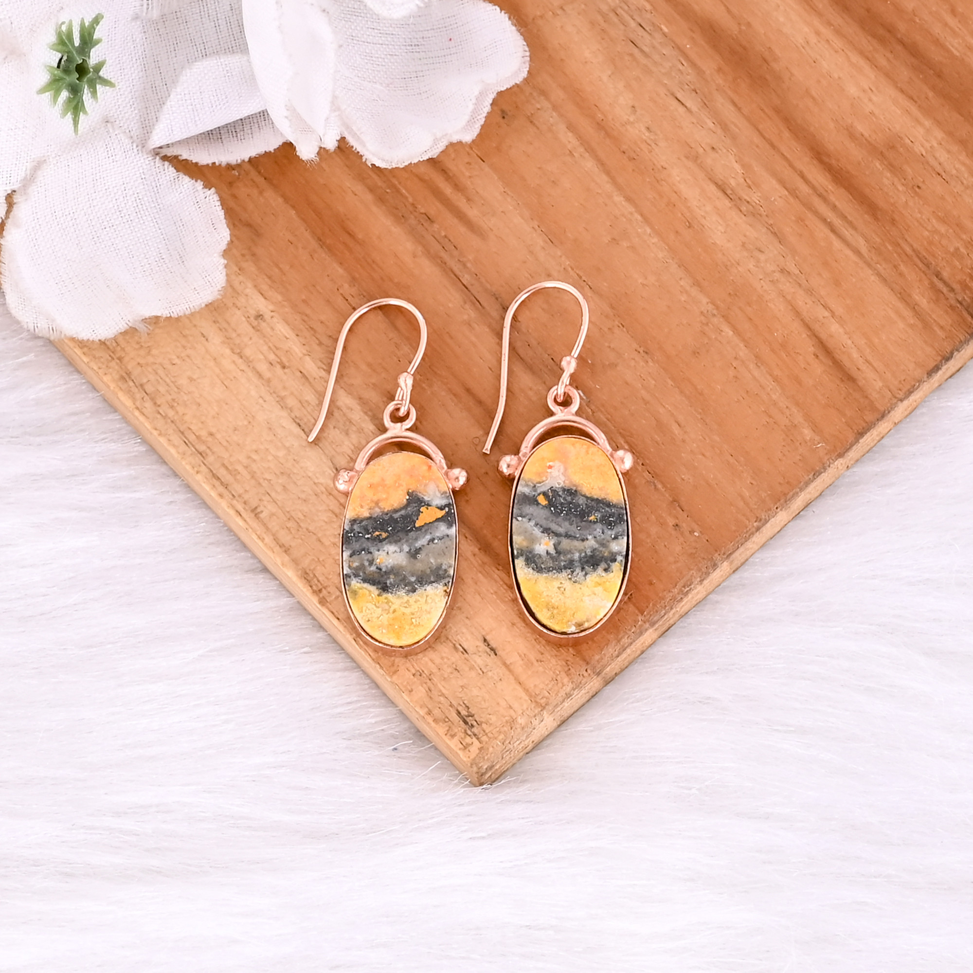Rose Gold Plated Brass Bumble Bee Jasper Oval Shape Gemstone Brass Earring Unique Gifts Earring