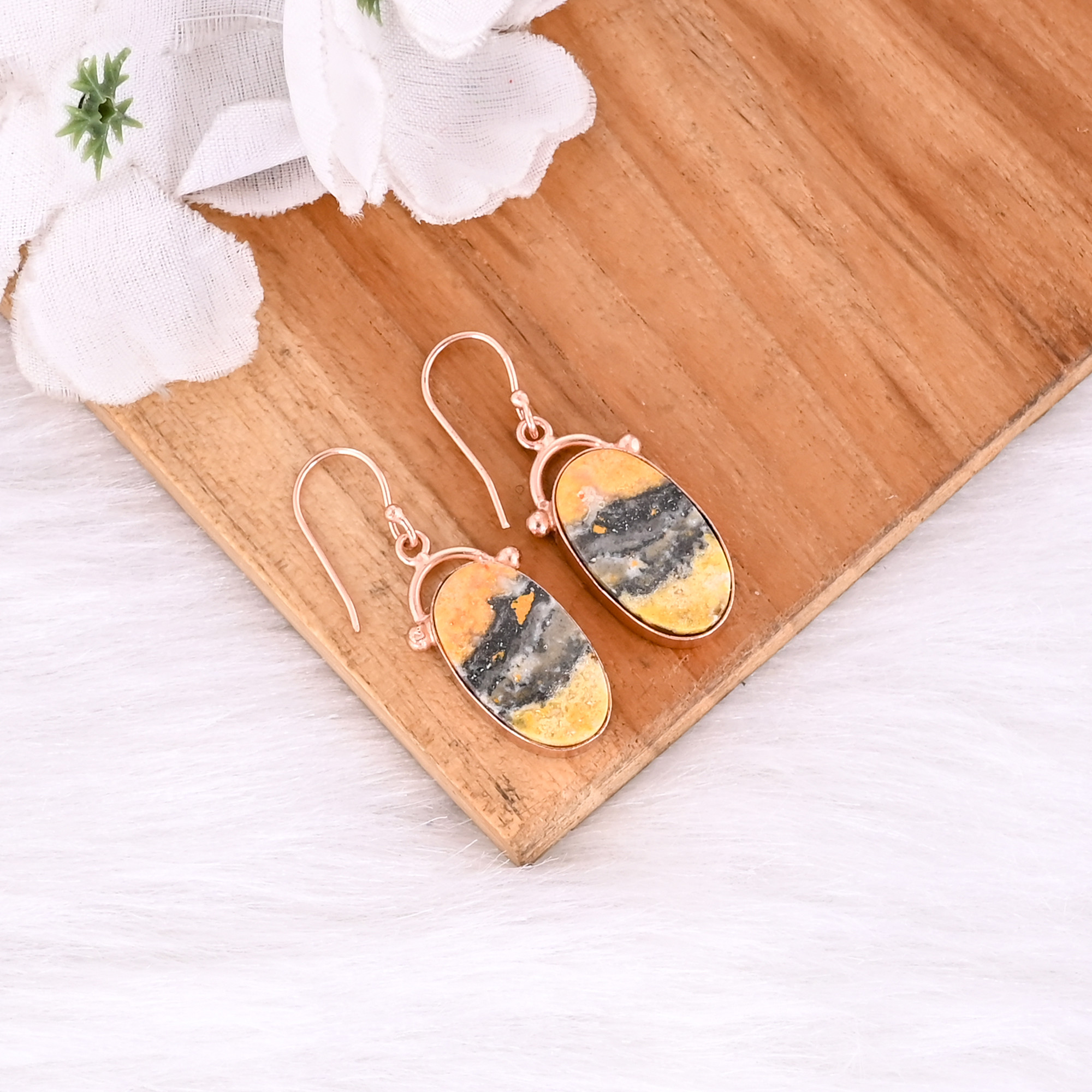 Rose Gold Plated Brass Bumble Bee Jasper Oval Shape Gemstone Brass Earring Unique Gifts Earring