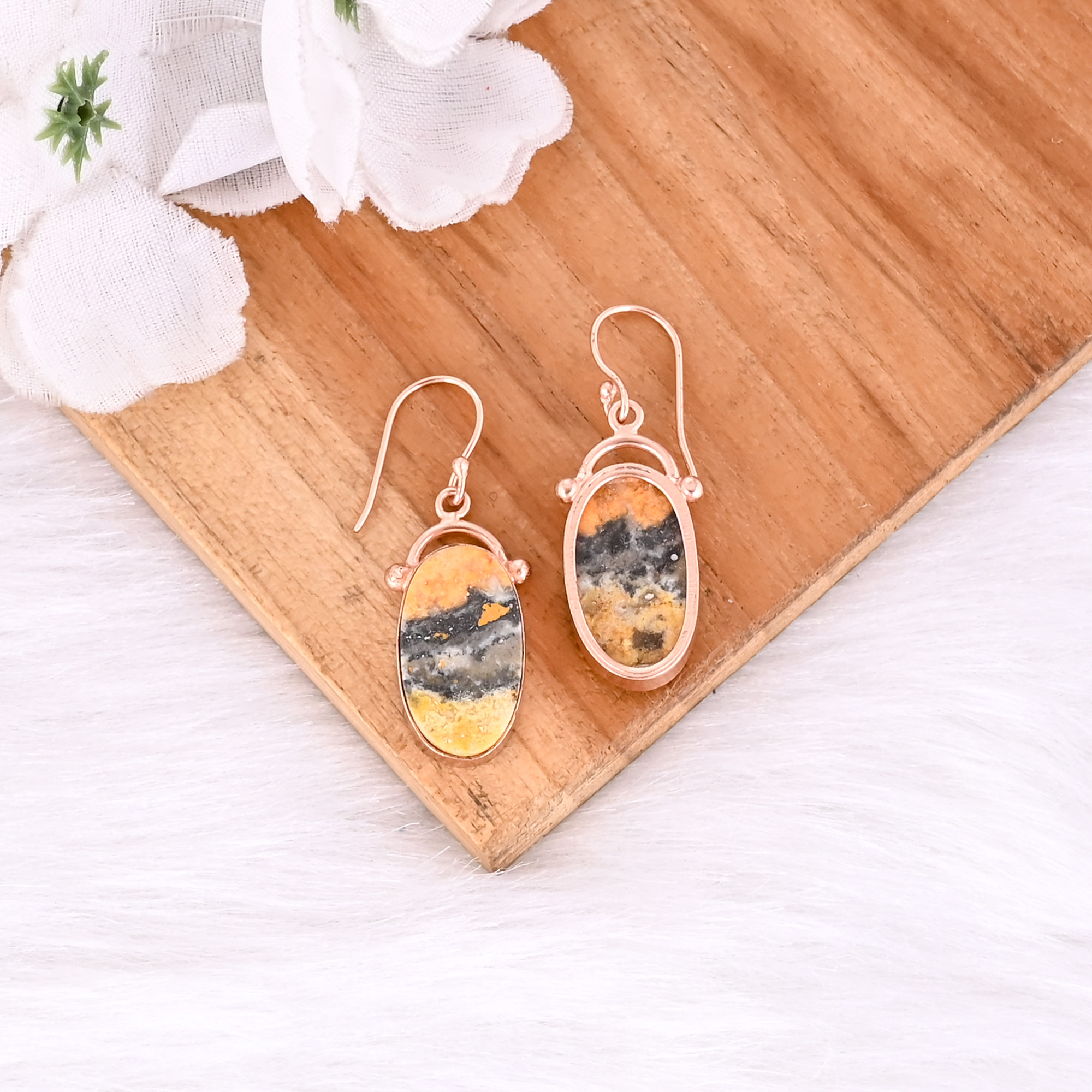 Rose Gold Plated Brass Bumble Bee Jasper Oval Shape Gemstone Brass Earring Unique Gifts Earring