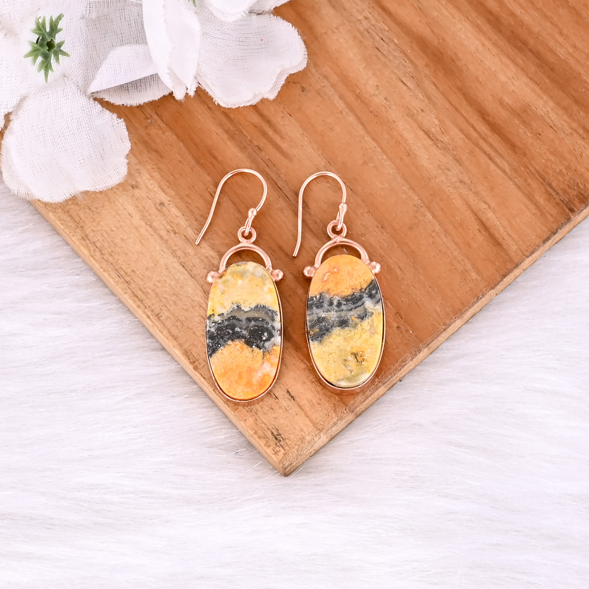 Bumble Bee Jasper Oval Gemstone Brass Rose Gold Plated Handmade Designer Wholesale Earring