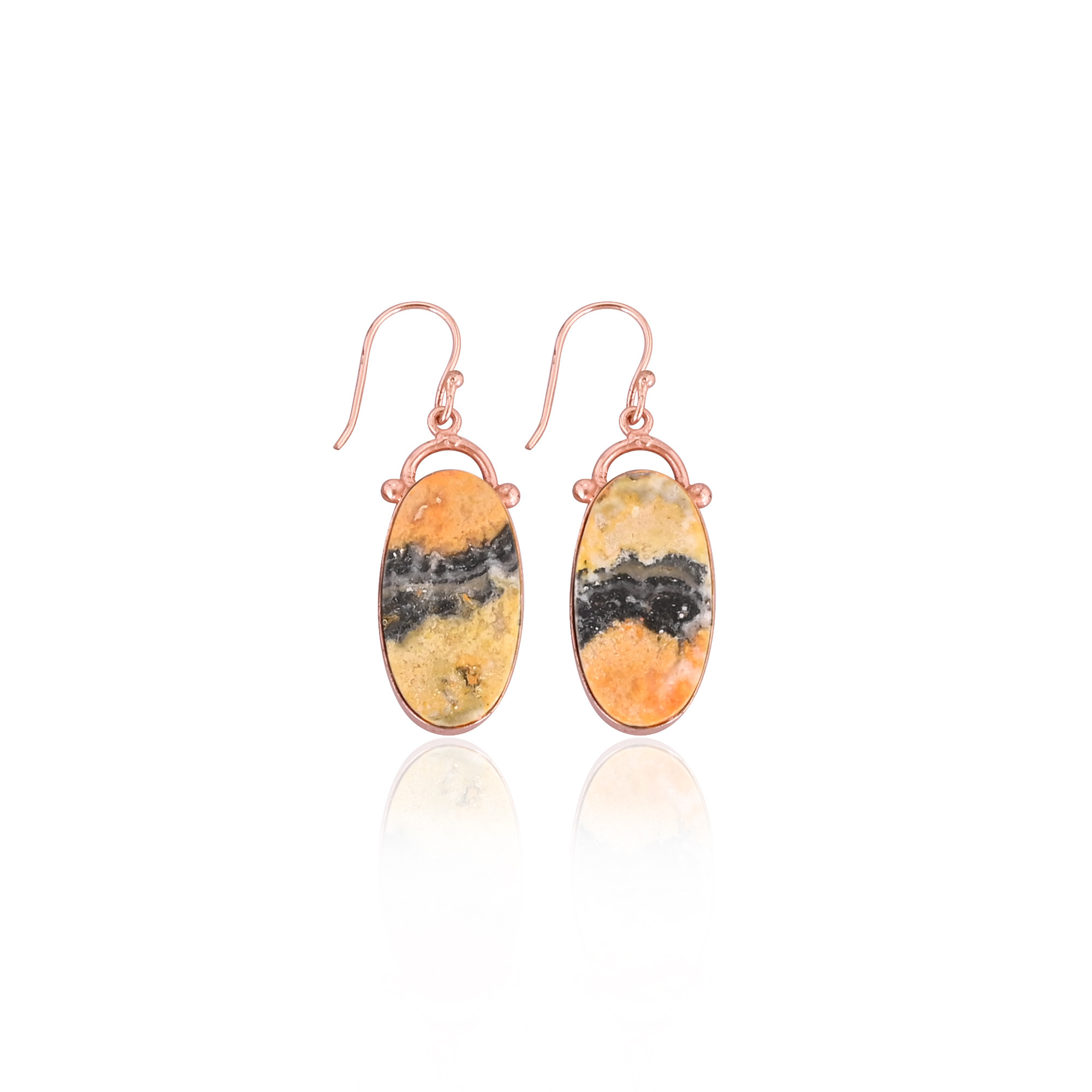 Bumble Bee Jasper Oval Gemstone Brass Rose Gold Plated Handmade Designer Wholesale Earring