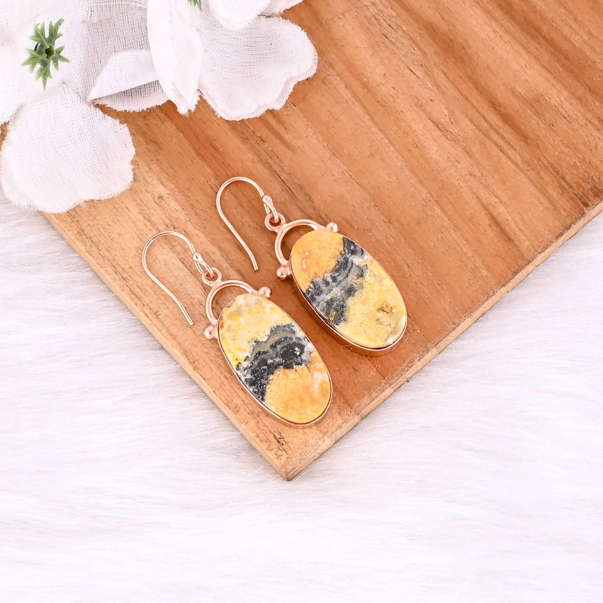 Bumble Bee Jasper Oval Gemstone Brass Rose Gold Plated Handmade Designer Wholesale Earring