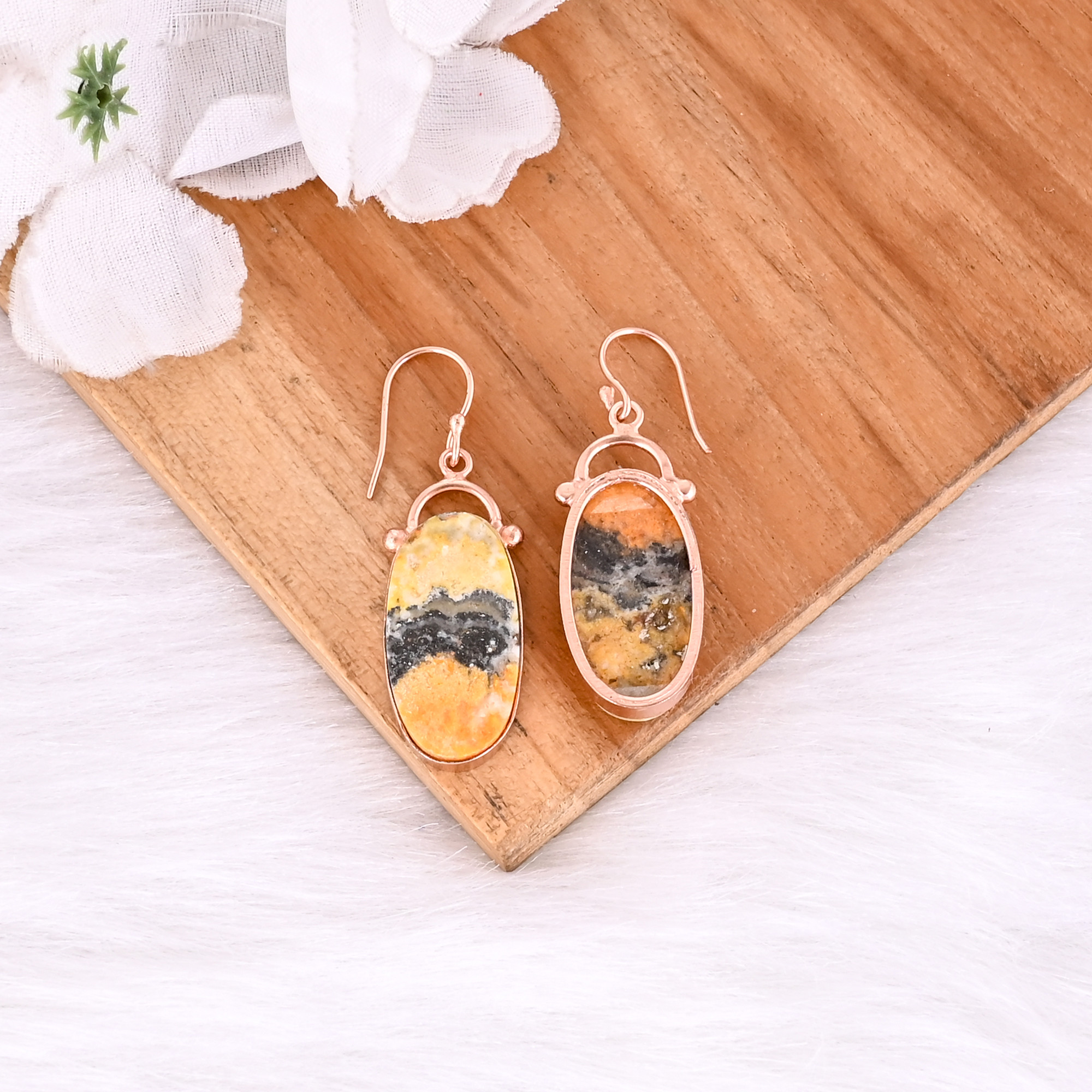 Bumble Bee Jasper Oval Gemstone Brass Rose Gold Plated Handmade Designer Wholesale Earring