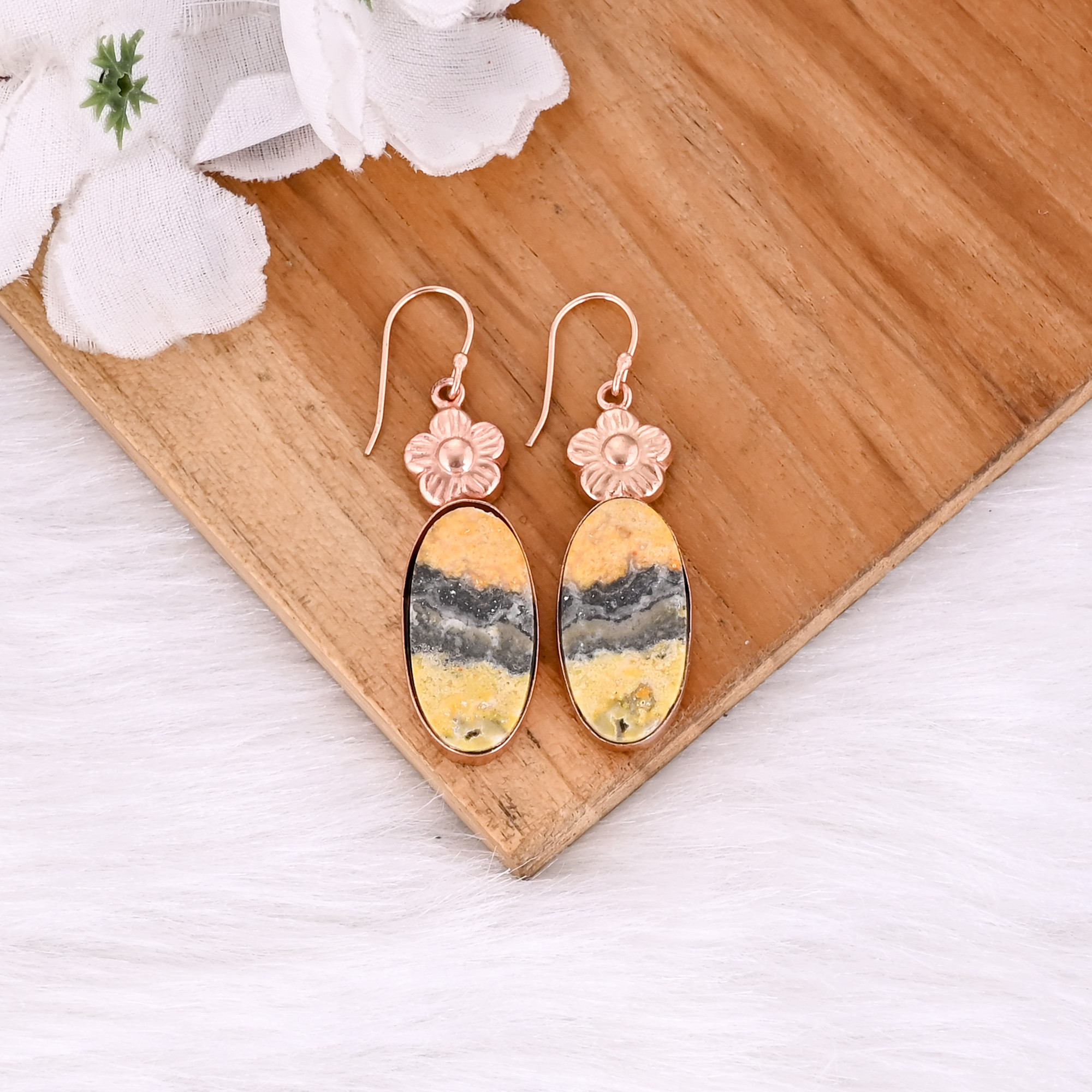 Rose Gold Plated Brass Bumble Bee Jasper Oval Shape Gemstone Statement Earring Dangle Earring Brass Jewelry