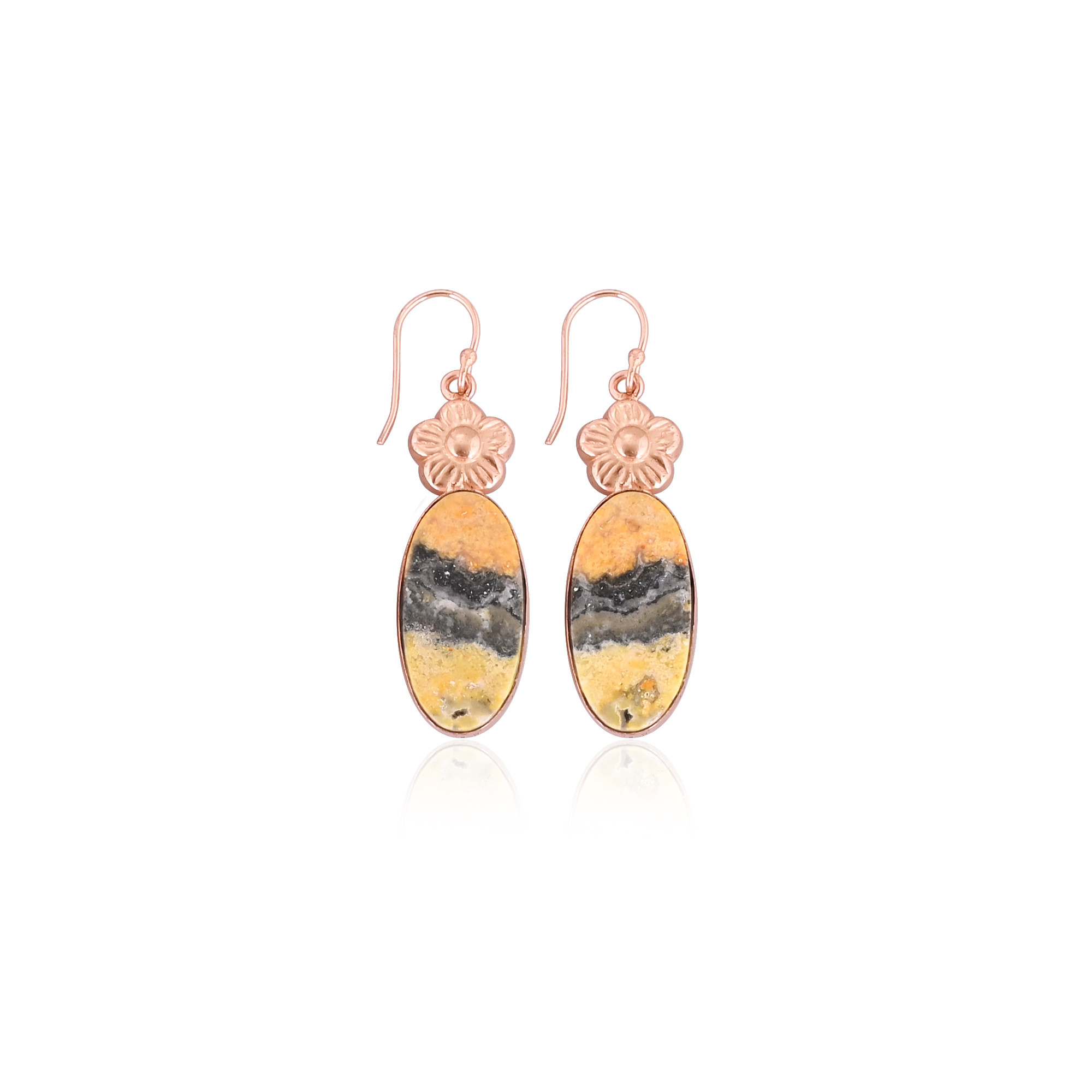 Rose Gold Plated Brass Bumble Bee Jasper Oval Shape Gemstone Statement Earring Dangle Earring Brass Jewelry