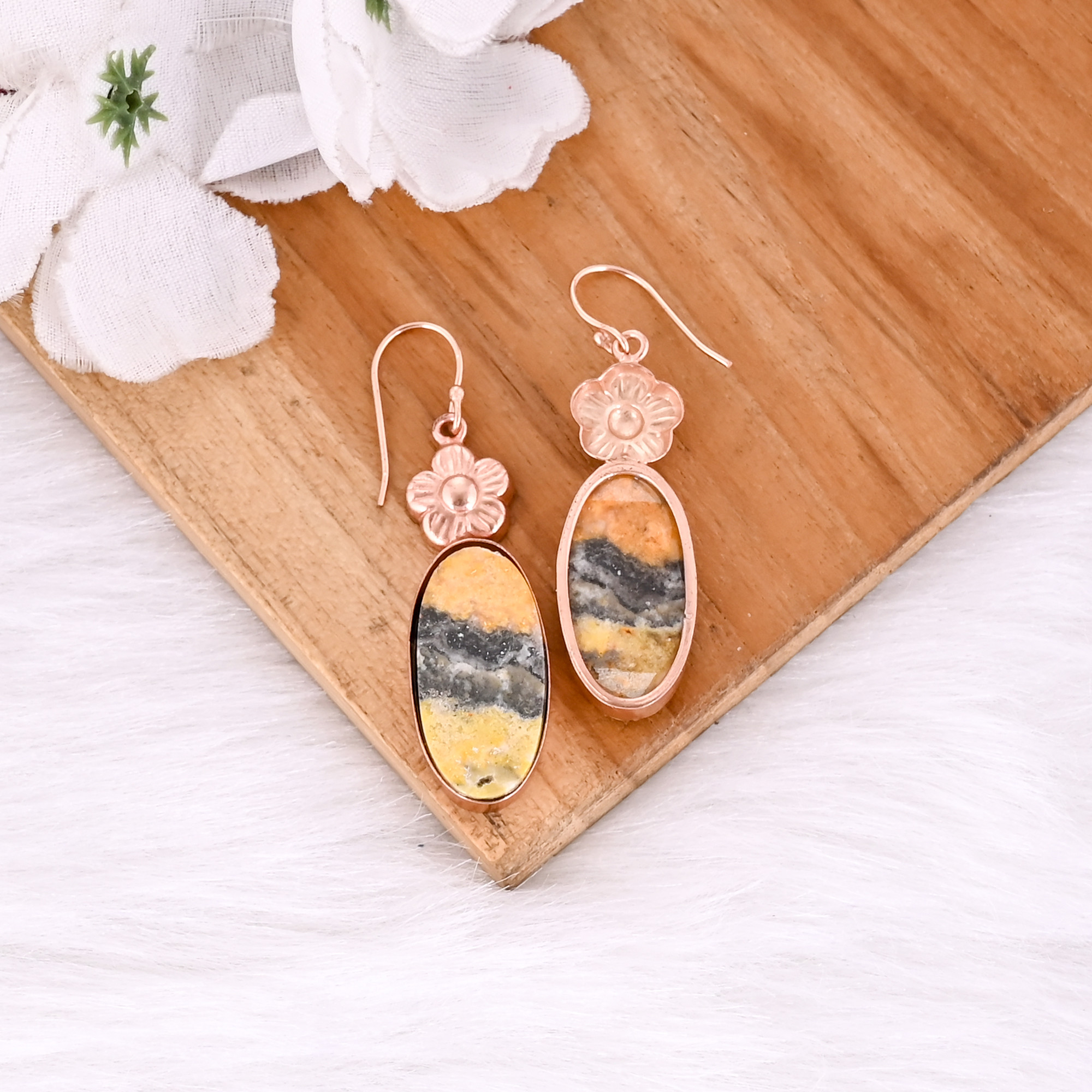 Rose Gold Plated Brass Bumble Bee Jasper Oval Shape Gemstone Statement Earring Dangle Earring Brass Jewelry