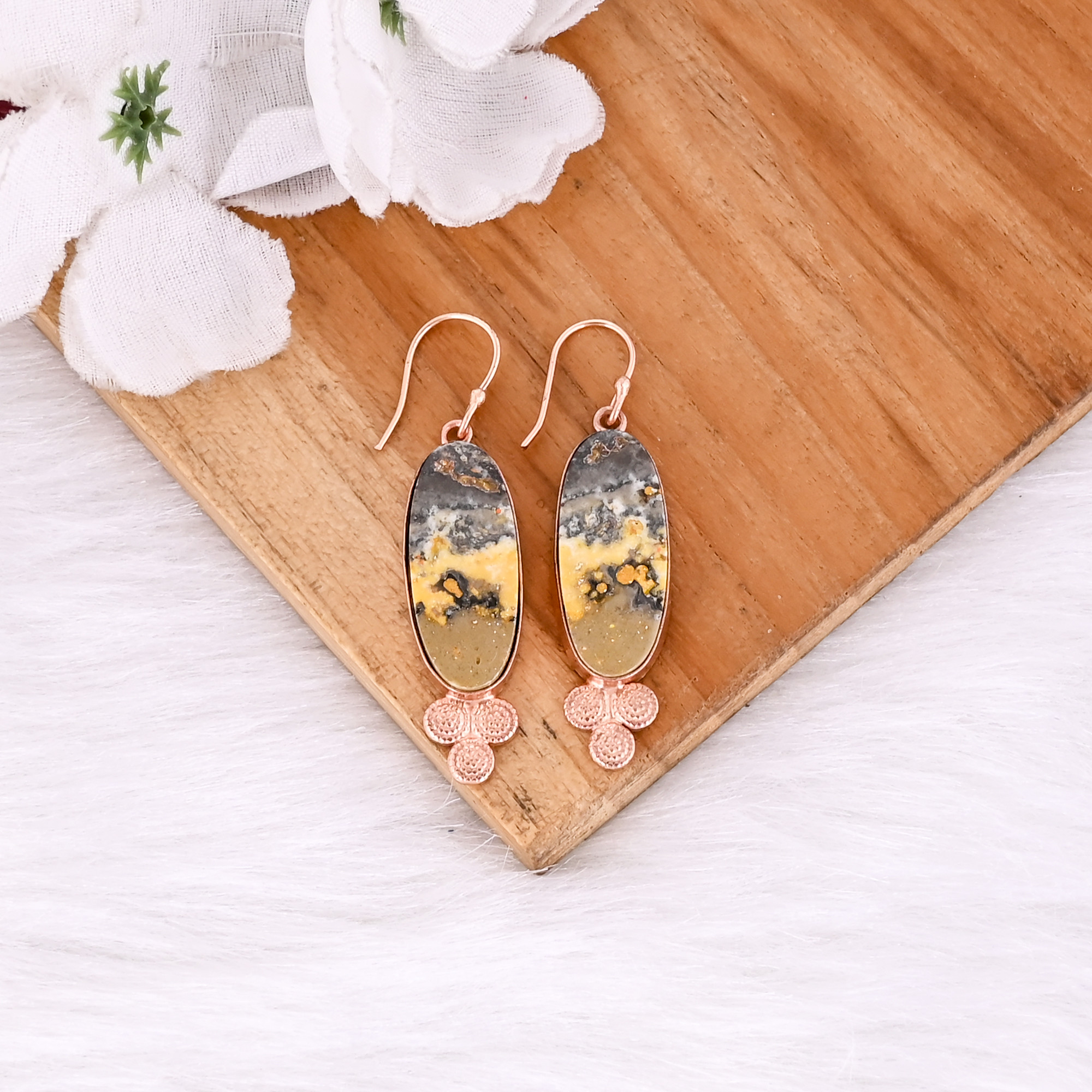 Rose Gold Plated Brass Bumble Bee Jasper Oval Shape Gemstone Handmade Brass Earring Wholesale Earring