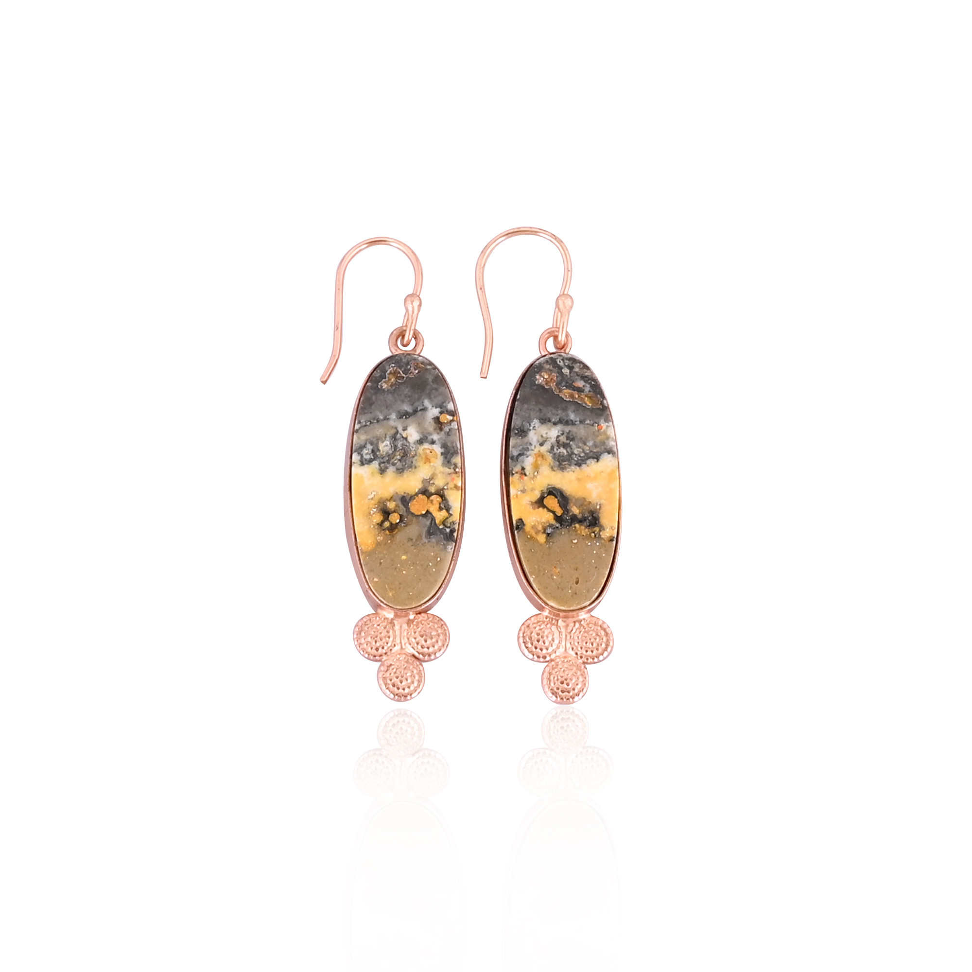 Rose Gold Plated Brass Bumble Bee Jasper Oval Shape Gemstone Handmade Brass Earring Wholesale Earring