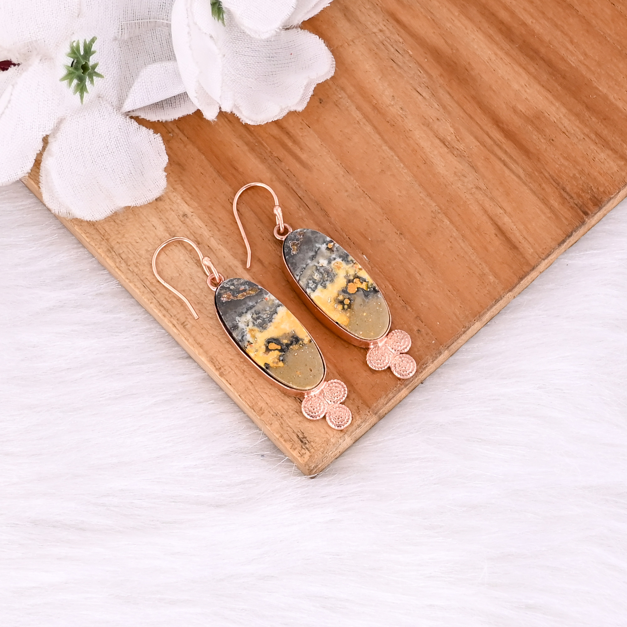 Rose Gold Plated Brass Bumble Bee Jasper Oval Shape Gemstone Handmade Brass Earring Wholesale Earring