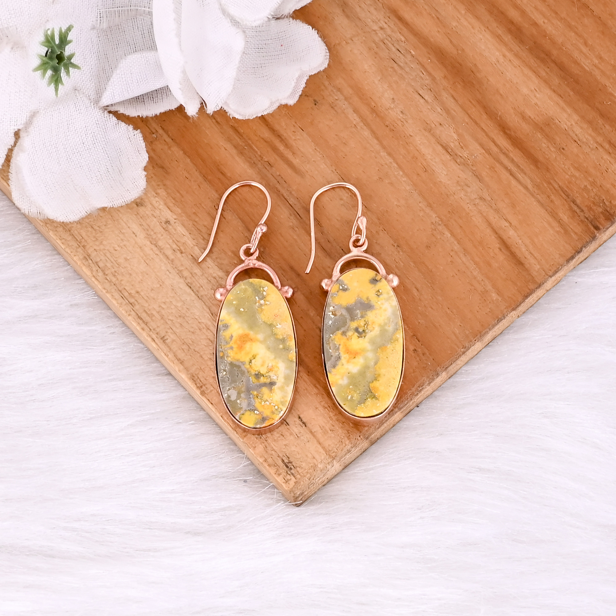 Rose Gold Plated Brass Bumble Bee Jasper Oval Shape Gemstone Earring Customized Earrings Boho Jewelry