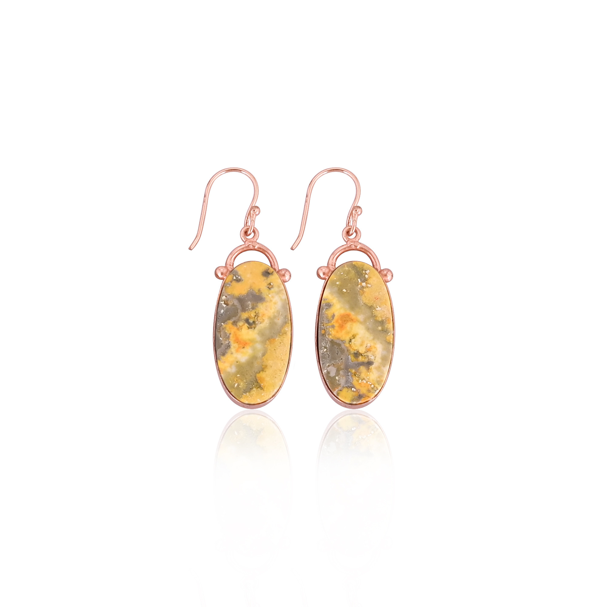 Rose Gold Plated Brass Bumble Bee Jasper Oval Shape Gemstone Earring Customized Earrings Boho Jewelry