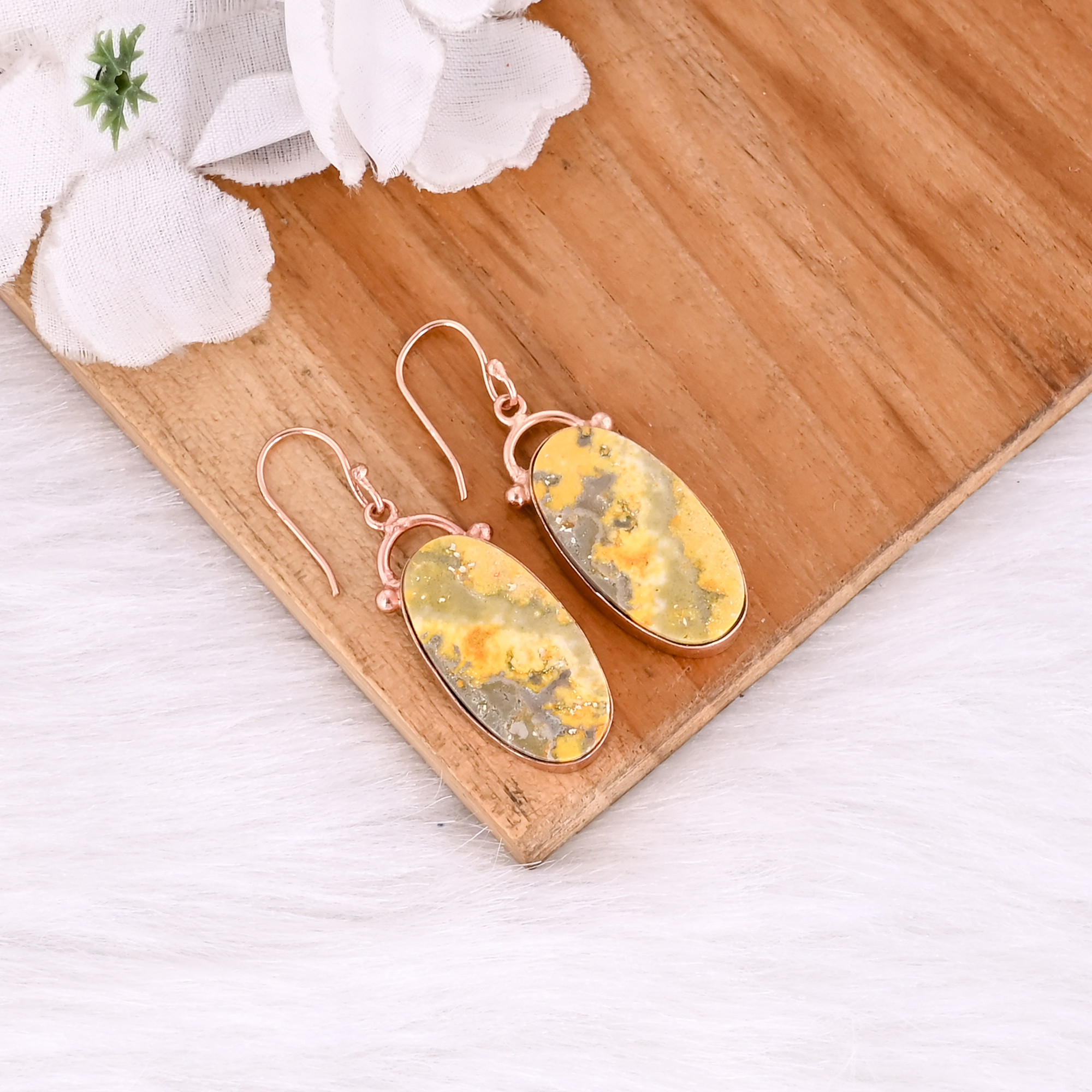 Rose Gold Plated Brass Bumble Bee Jasper Oval Shape Gemstone Earring Customized Earrings Boho Jewelry