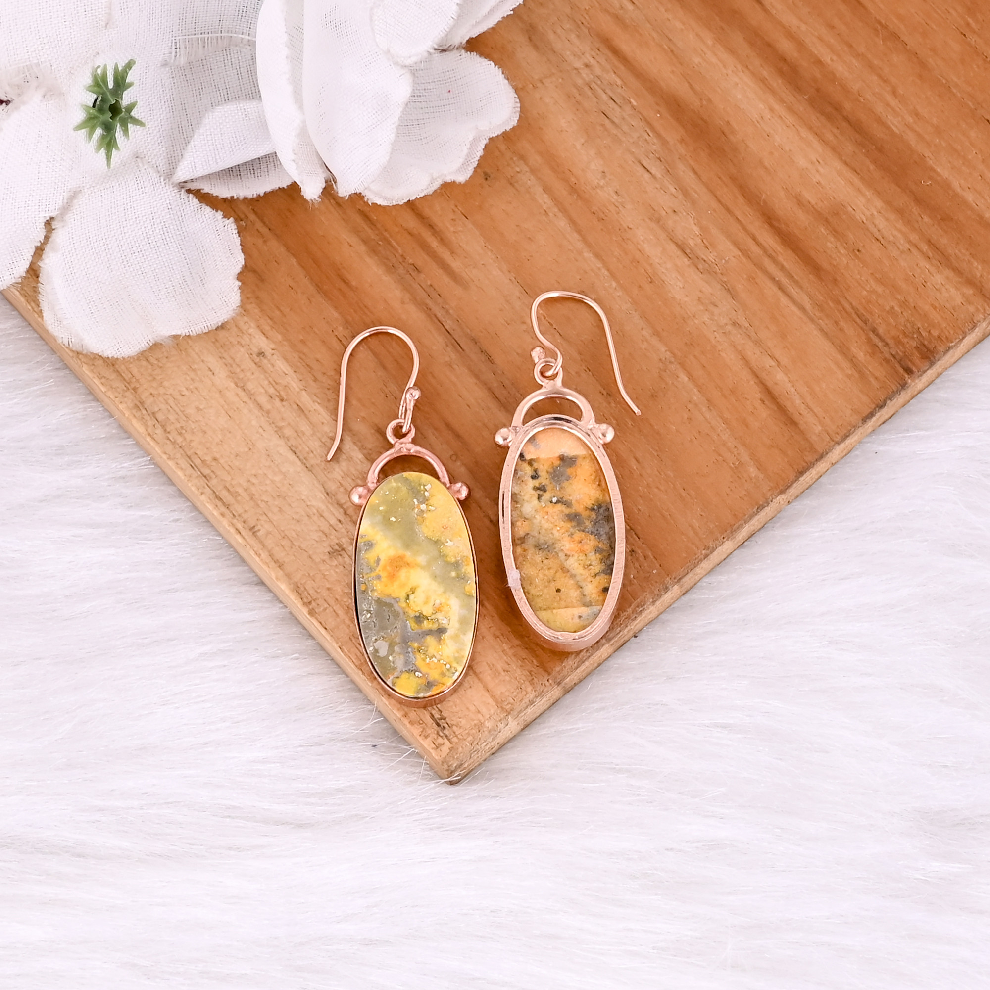 Rose Gold Plated Brass Bumble Bee Jasper Oval Shape Gemstone Earring Customized Earrings Boho Jewelry