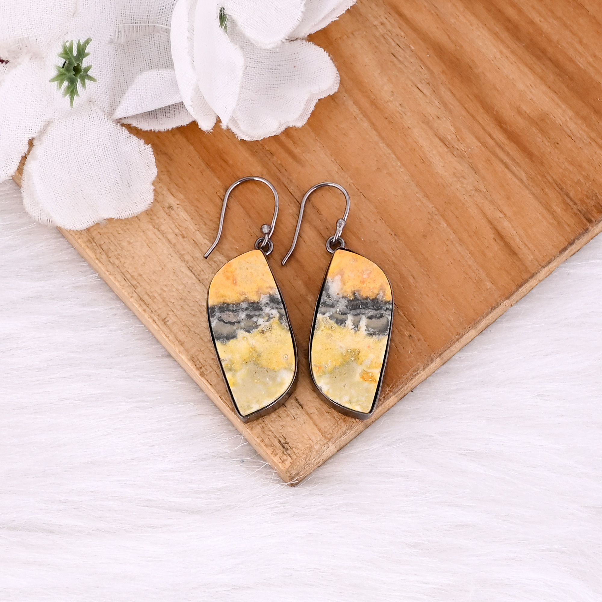 Black Ruthenium Brass Handmade Bumble Bee Jasper Gemstone Women Dangle Earring