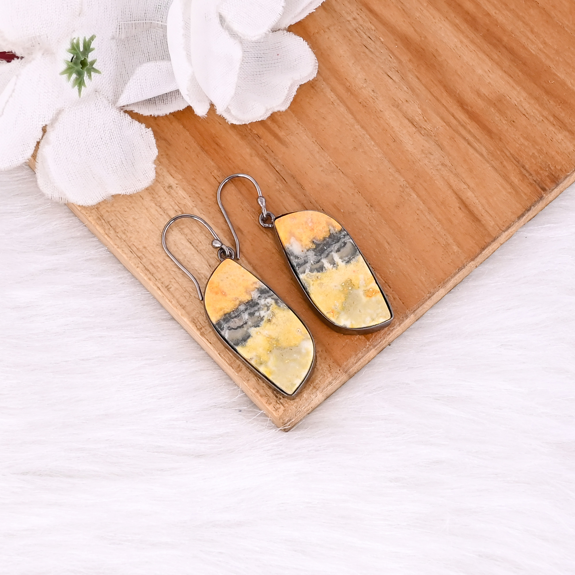 Black Ruthenium Brass Handmade Bumble Bee Jasper Gemstone Women Dangle Earring