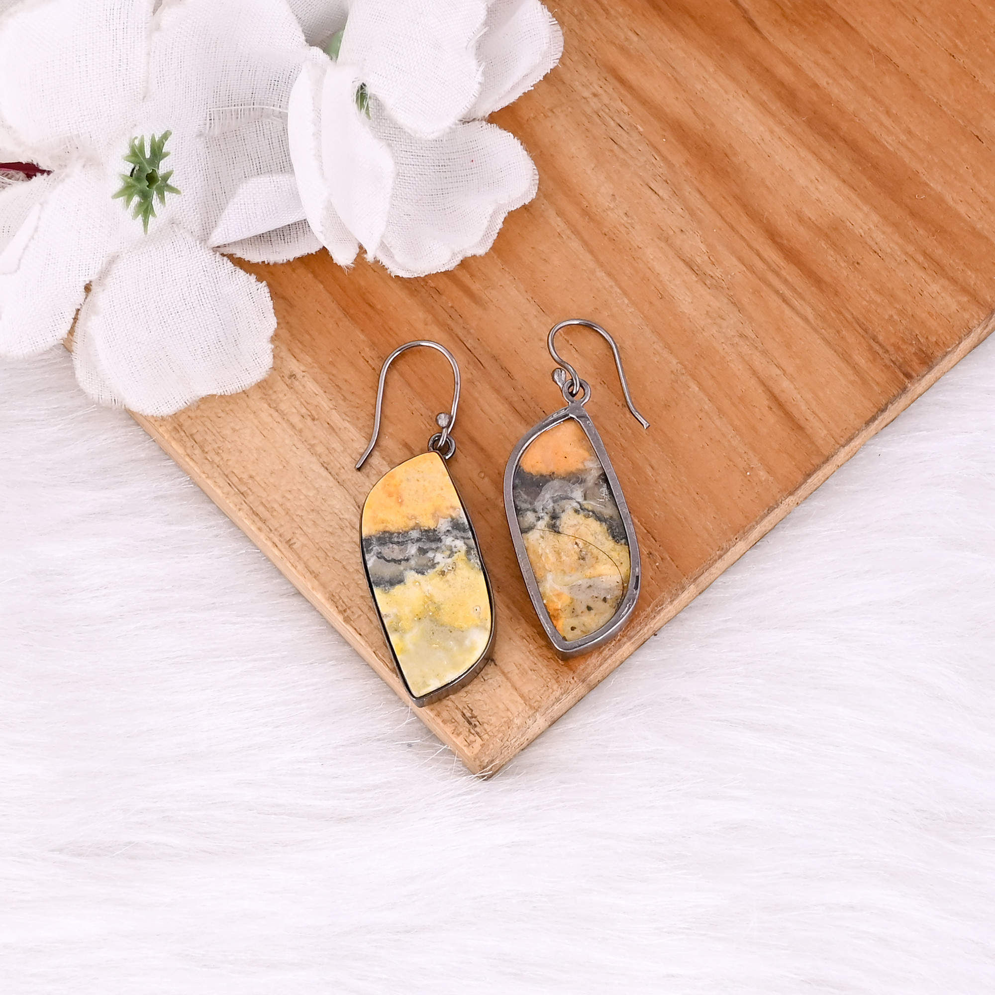 Black Ruthenium Brass Handmade Bumble Bee Jasper Gemstone Women Dangle Earring