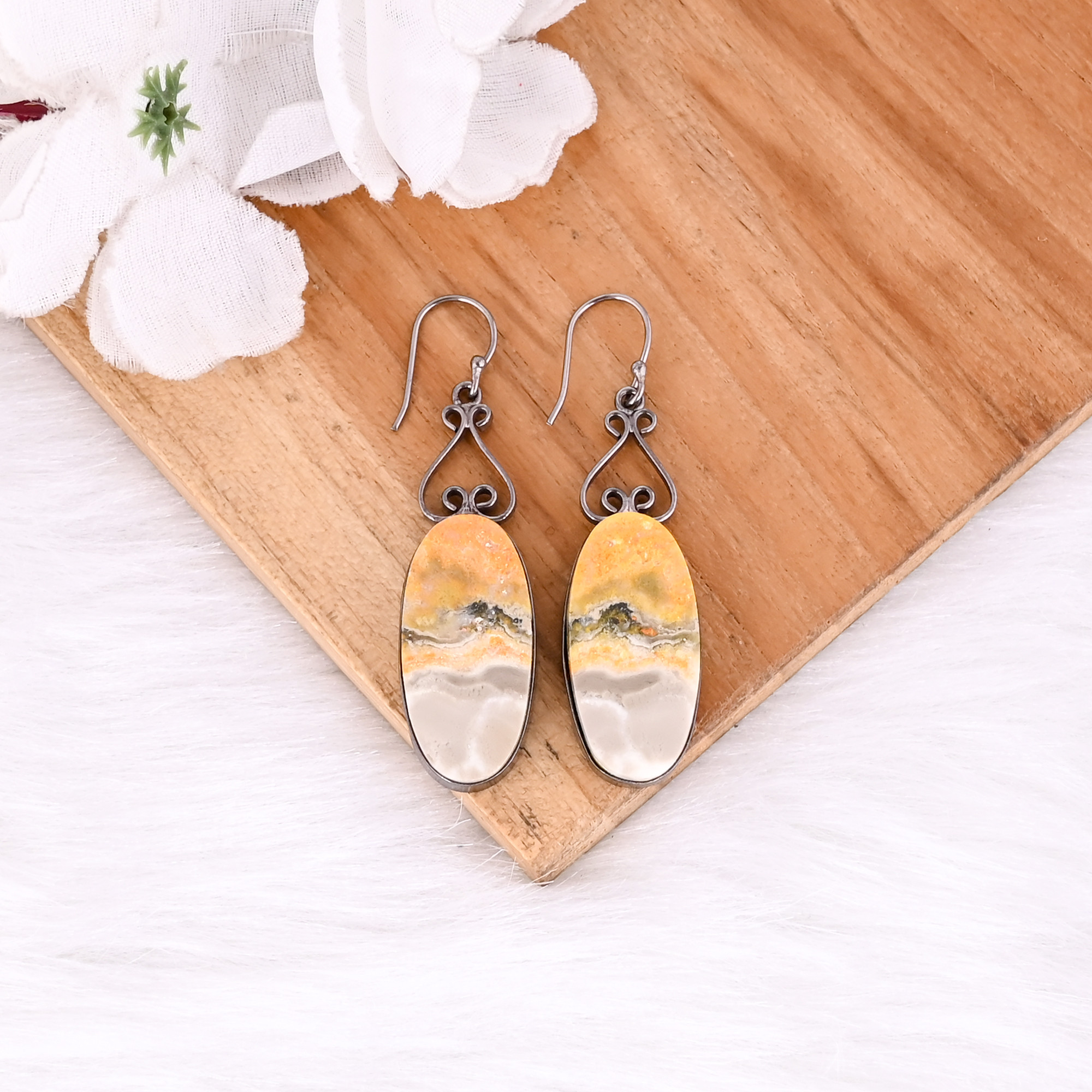 Black Ruthenium Brass Handmade Bumble Bee Jasper Oval Gemstone Dangle Earring Partywear Earrings