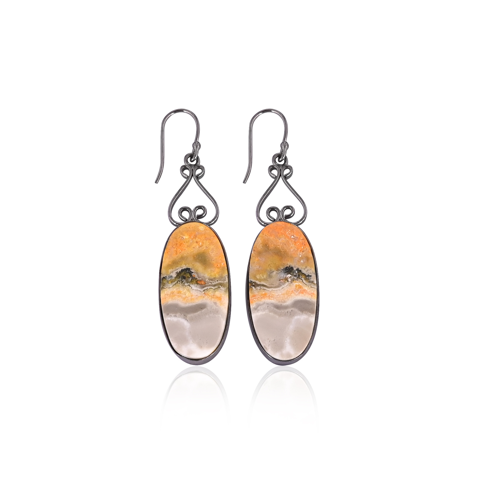 Black Ruthenium Brass Handmade Bumble Bee Jasper Oval Gemstone Dangle Earring Partywear Earrings