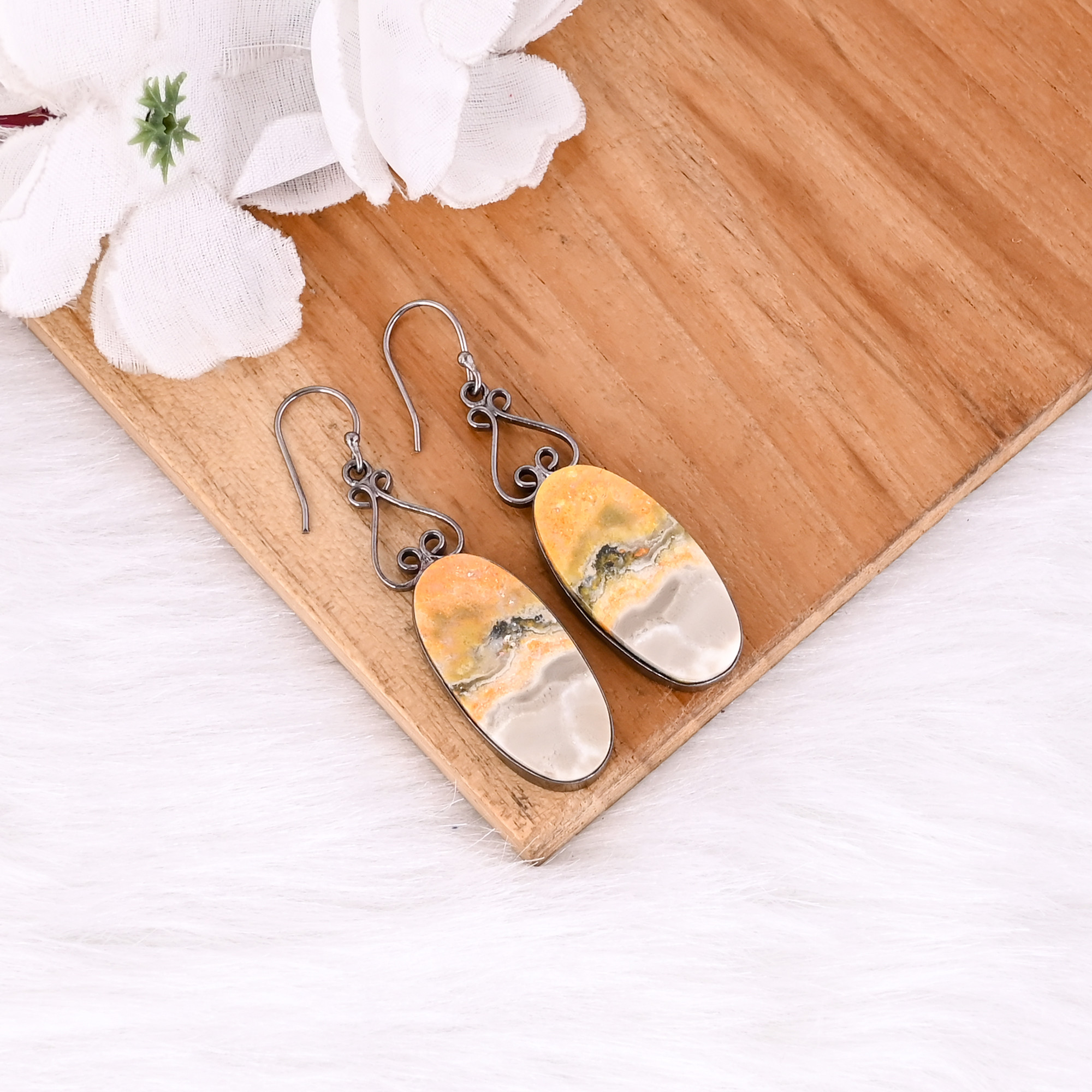 Black Ruthenium Brass Handmade Bumble Bee Jasper Oval Gemstone Dangle Earring Partywear Earrings